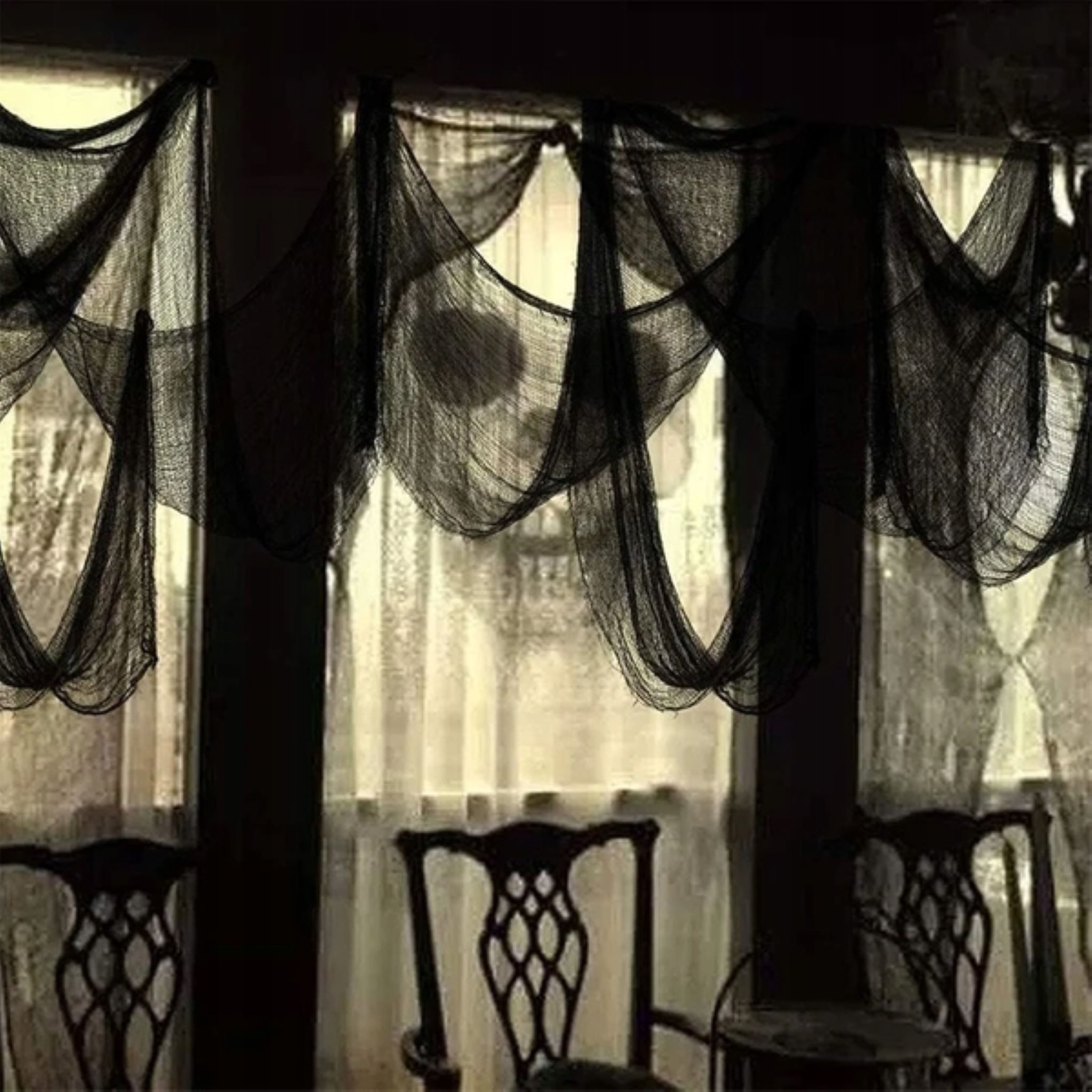 Festivalartikel Fensterdekoration Dekorative schwarze Netz-Gardine 76x228 cm Halloween Party Spinnennetz – Bild 5 von 5