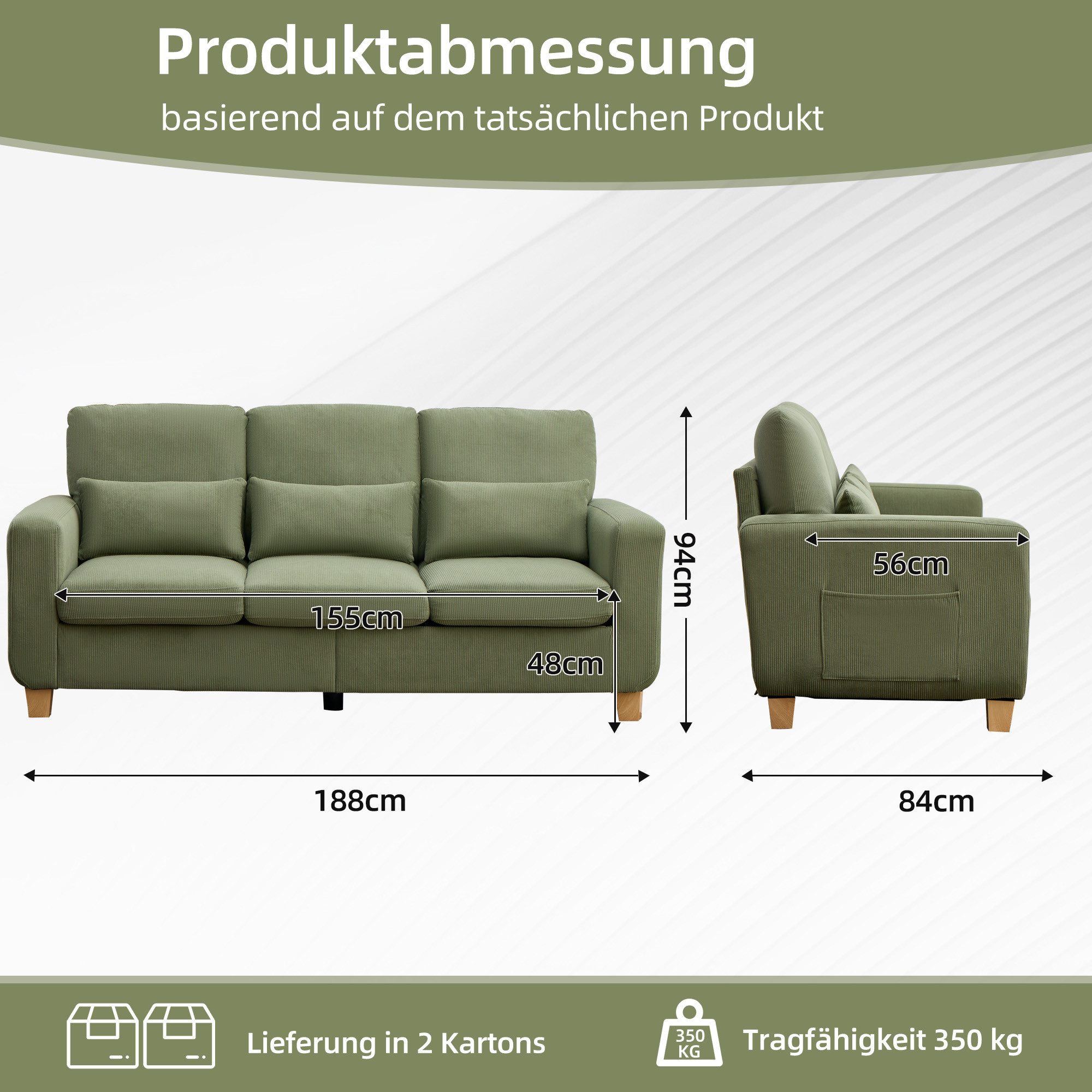 CANMOV Schlafsofa Canmov 2&3 Sitzer Sofa, Sofas Wohnzimmer mit Seitentasche & Kissen, kleines sofa, schlafsofa dauerschläfer, 176cm Breite, couch