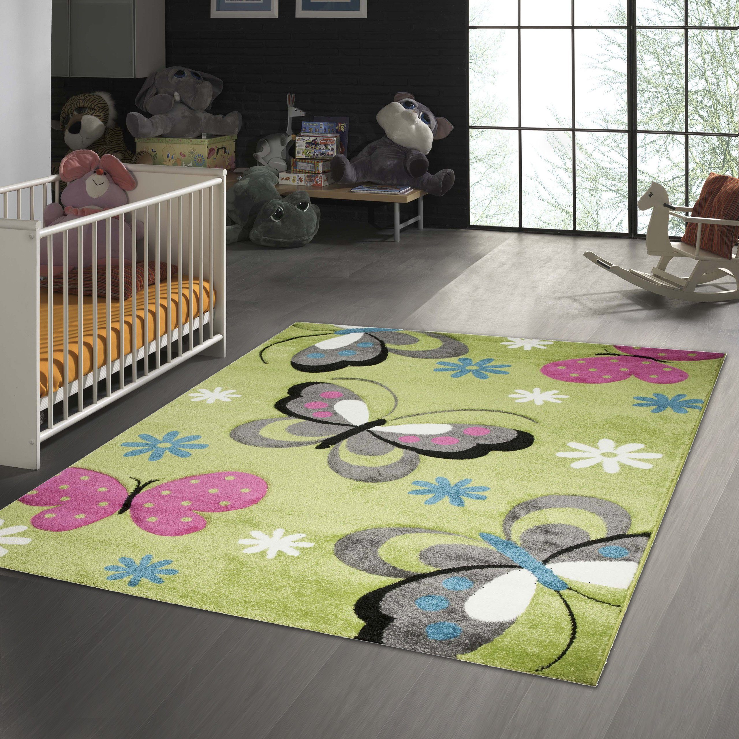 TeppichHome24 Kinderteppich Kinderteppich Schmetterling Design Grün günstig online kaufen