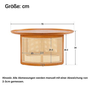 OBOSOE Couchtisch runder Massivholz Wohnzimmertisch mit Rattandetails, Durchmesser 70 cm, hochwertiger Eiche mit Rattandetails, Stabil einfach zu bewegen