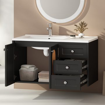 IDEASY Waschbeckenschrank Badezimmerschrank, Waschbecken 90 cm breit, Rattantüren, nahtlose Oberseite, leicht zu reinigen