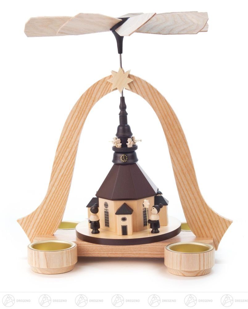 Dregeno Erzgebirge Kurrendefiguren mit Turmbläsern, Kirche, und der Kirche für Seiffener und Kurrende Teelich, Weihnachtspyramide Pyramide Seiffener Pyramide mit