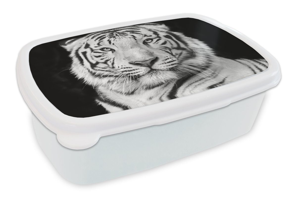 MuchoWow Lunchbox Schwarz Brotdose, - Porträt und - Mädchen Brotbox Tiger - (2-tlg), Kinder und Erwachsene, Tiere, Jungs für Weiß - Kunststoff, für