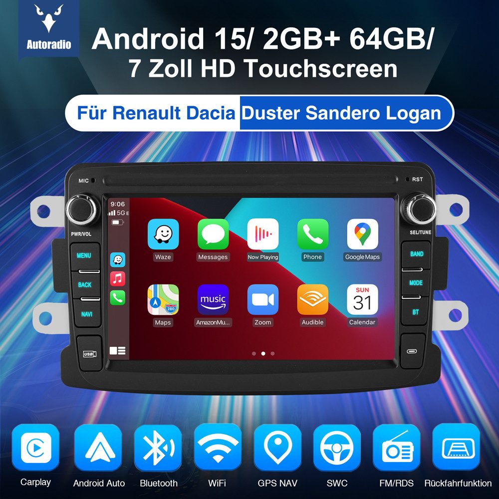 ESSGOO 7" Android 15 Für Renault Captur Dacia Duster Dokker Logan Sandero Autoradio (RDS, 2+64GB(optional), FM, DAB+ (optional), GPS Navi Carplay Android Auto Bluetooth EQ USB WIFI Touchscreen SWC)