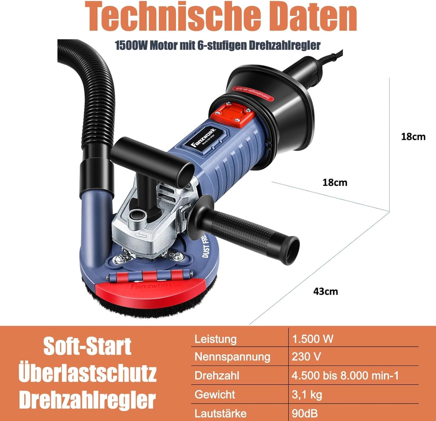 Fanzwork Winkelschleifer 1500W Betonschleifer Drehzahlregelbar inkl. 2x125m günstig online kaufen