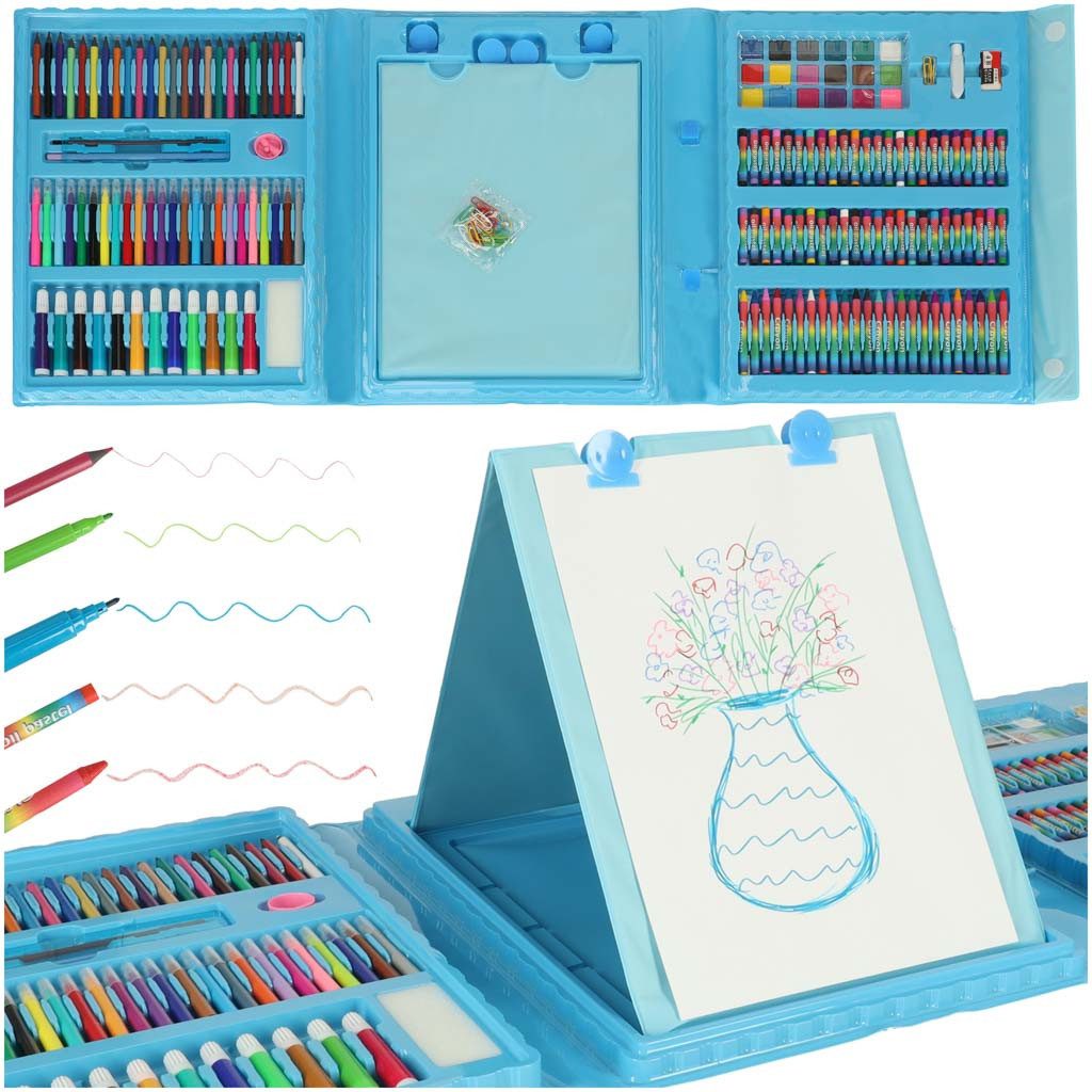 Ikonka Malstift Kreativ-Malkoffer 208-teilig im Tragekoffer – Blau / Pink, (XXL Malkoffer-Set 208-teilig für Kinder mit Farben, Stiften und Zubehör, 208-tlg., 208-teiliges Mal- und Zeichenset im Koffer für Kinder ab 3 Jahren), Großer Malkoffer übersichtlicher Innenaufteilung stabilem Tragekoffer