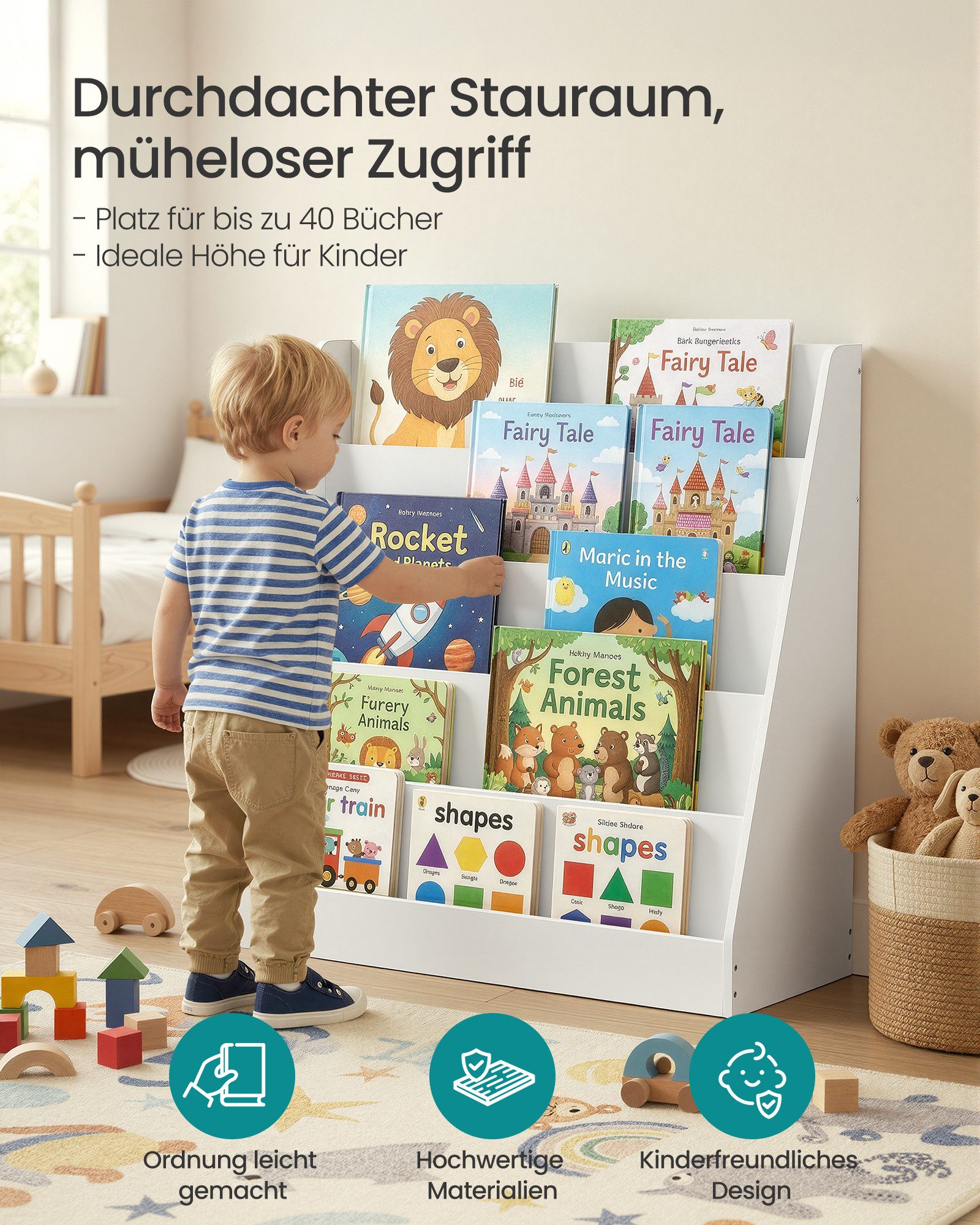 SONGMICS Spielzeugtruhe Kinderregal, Bücherregal, Spiegelregal, Spielzeugregal, Montessori Regal mit 5 Ebenen, 30 x 80 x 80 cm