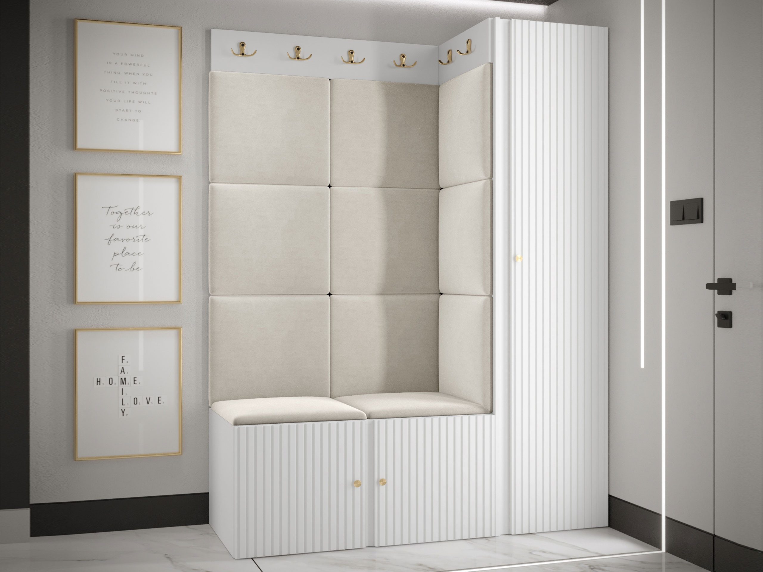 MIRJAN24 Garderoben-Set Orion Ryfel Slim IX, (Kleiderschrank, Schuhschrank, 2x Kleiderhakenbrett, 11x Paneel 42x42), 8 Kleiderhaken für Kleidung, Metallgriffe