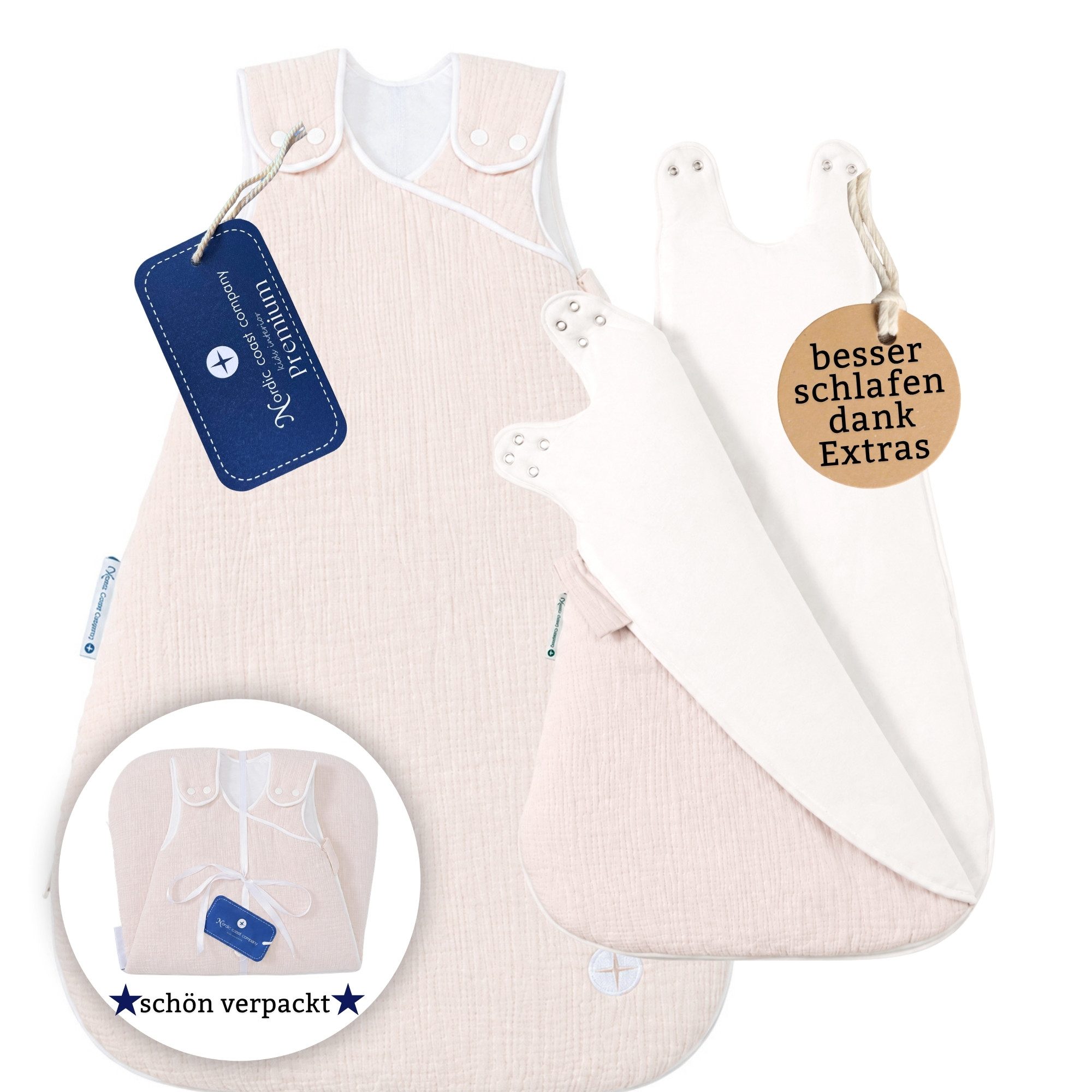 Nordic Coast Company Babyschlafsack Ganzjahresschlafsack Rundumverschluss für Wickeln ohne Wecken, Öffenen ohne Baby zu wecken. Besser schlafen mit perfekter Passform