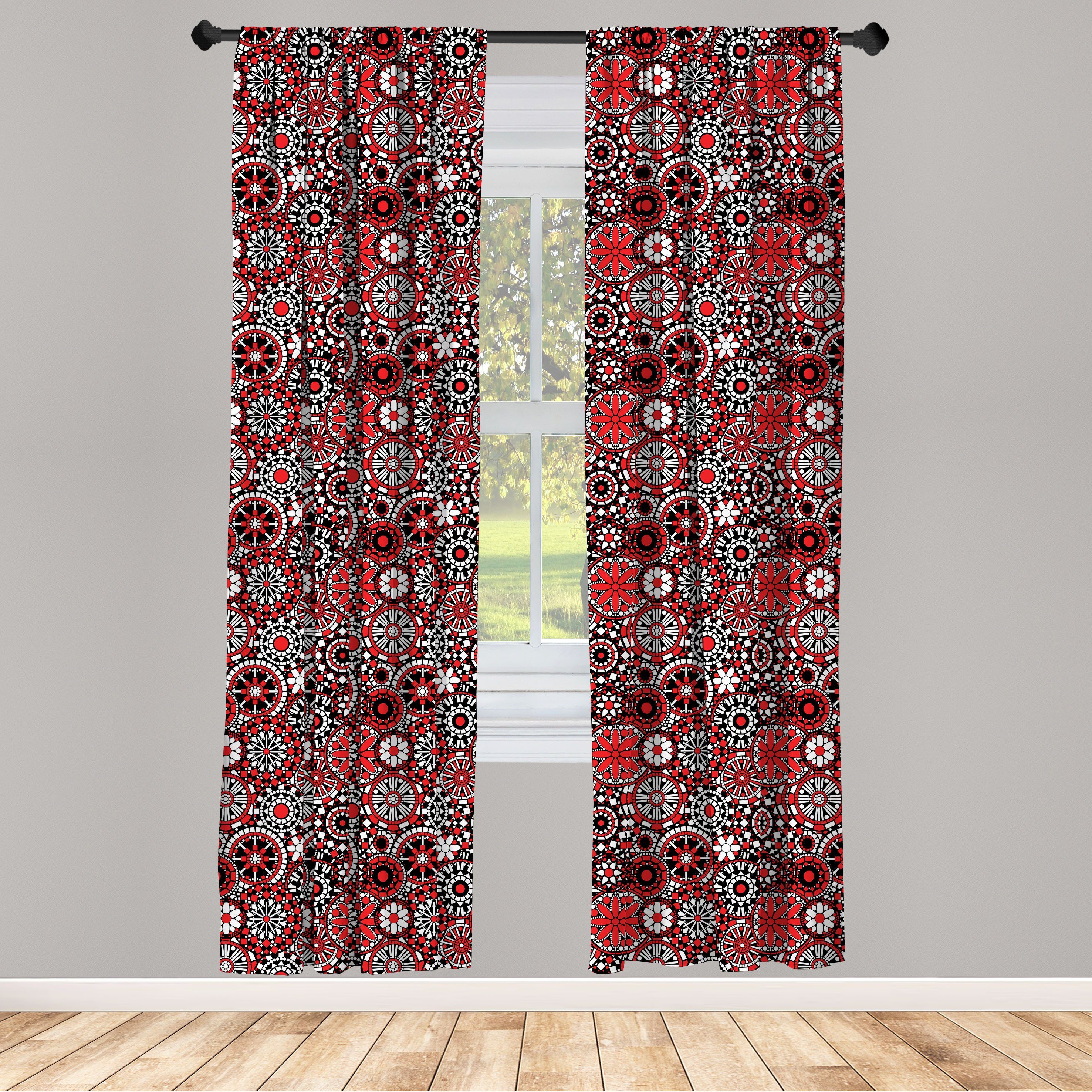 Gardine Vorhang für Wohnzimmer Schlafzimmer Dekor, Abakuhaus, Microfaser, Red Mandala Blumen-Mosaik