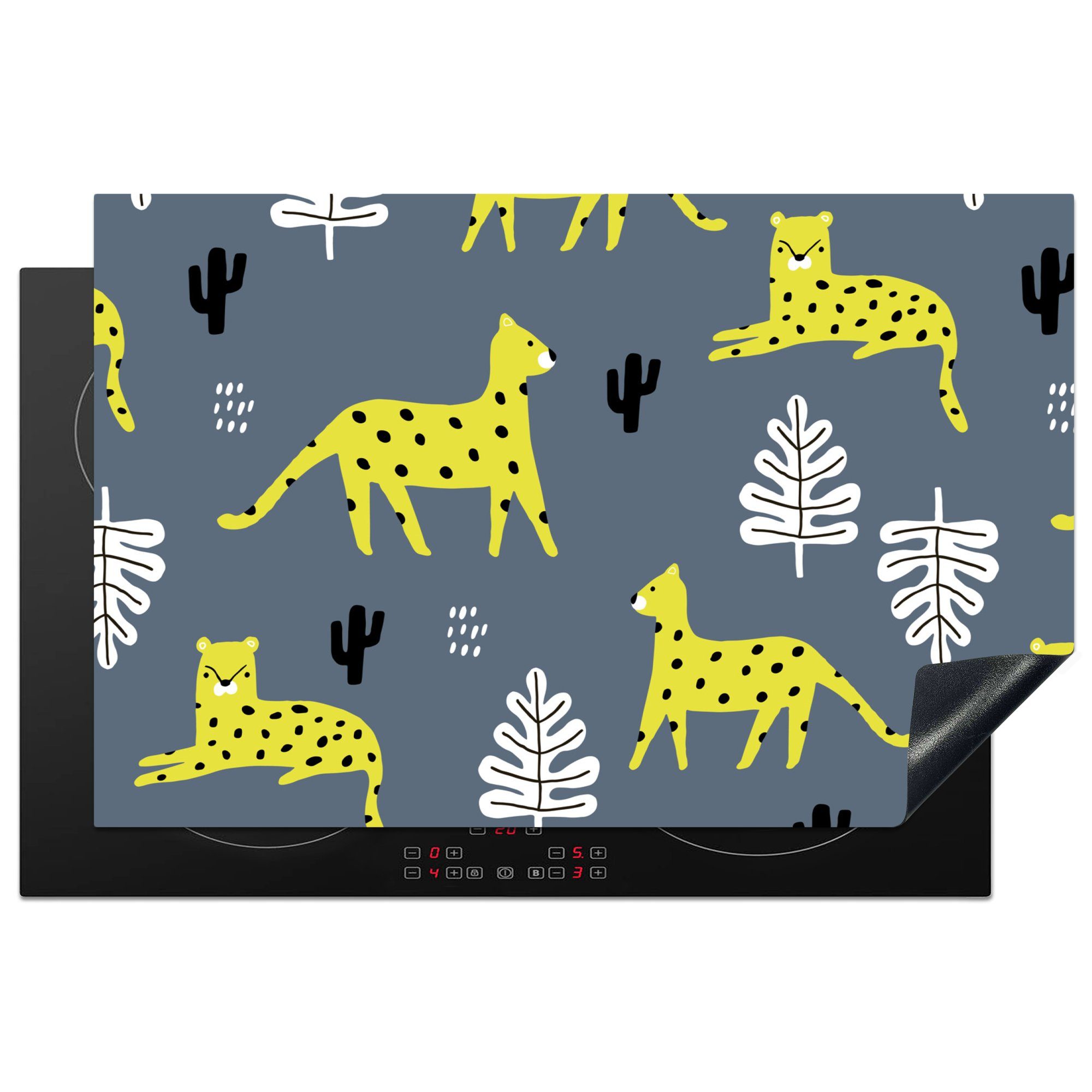 MuchoWow Herdblende-/Abdeckplatte Leopard - Blatt - Muster, Vinyl, (1 tlg), 81x52 cm, Induktionskochfeld Schutz für die küche, Ceranfeldabdeckung