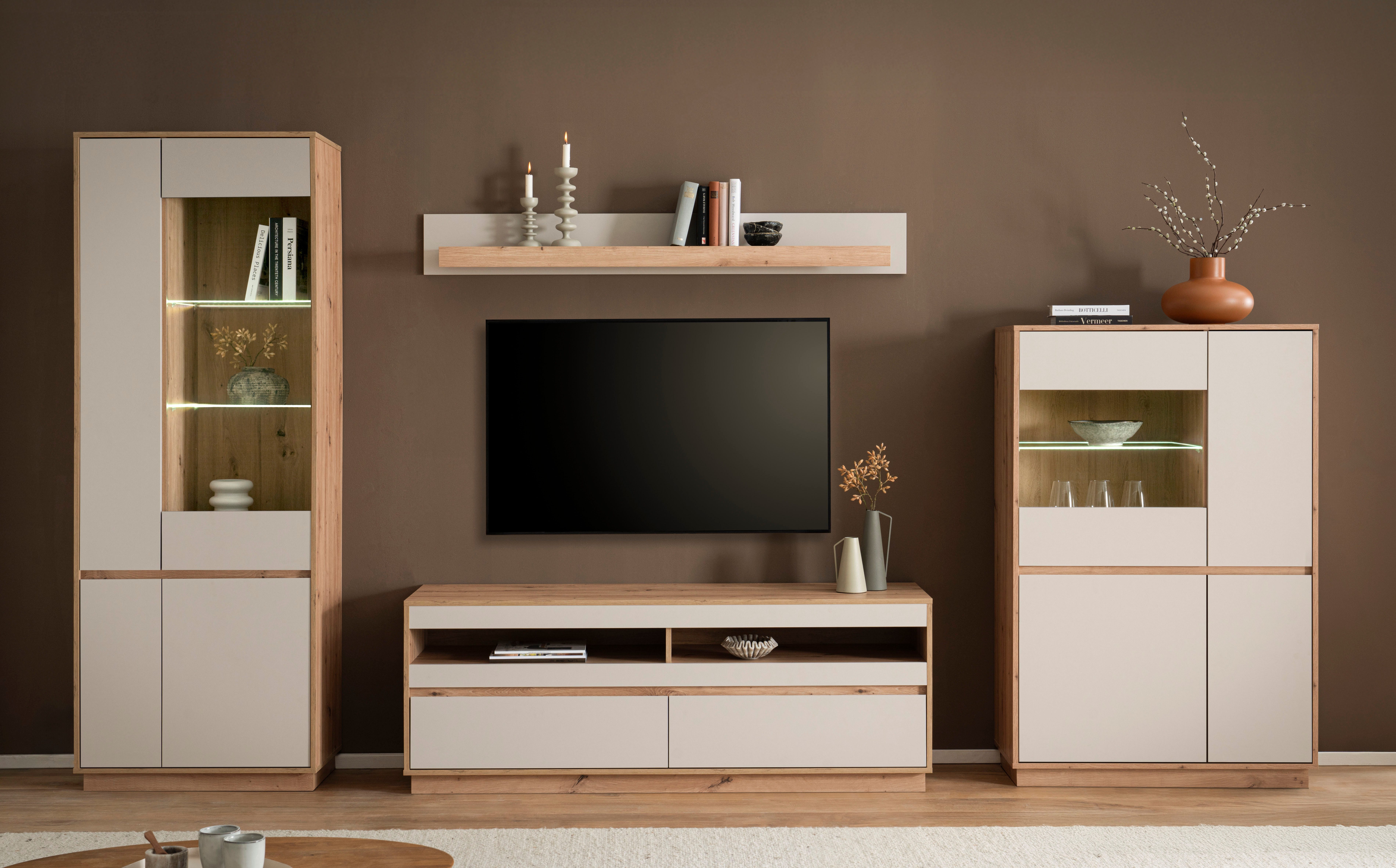 Home affaire Wohnwand Sonora, moderne Anbauwand, Komplettset in Kaschmir/Eiche, (Komplett-Set, 4-St), enthält Vitrinen, Lowboard und Wandboard, 342 cm breit