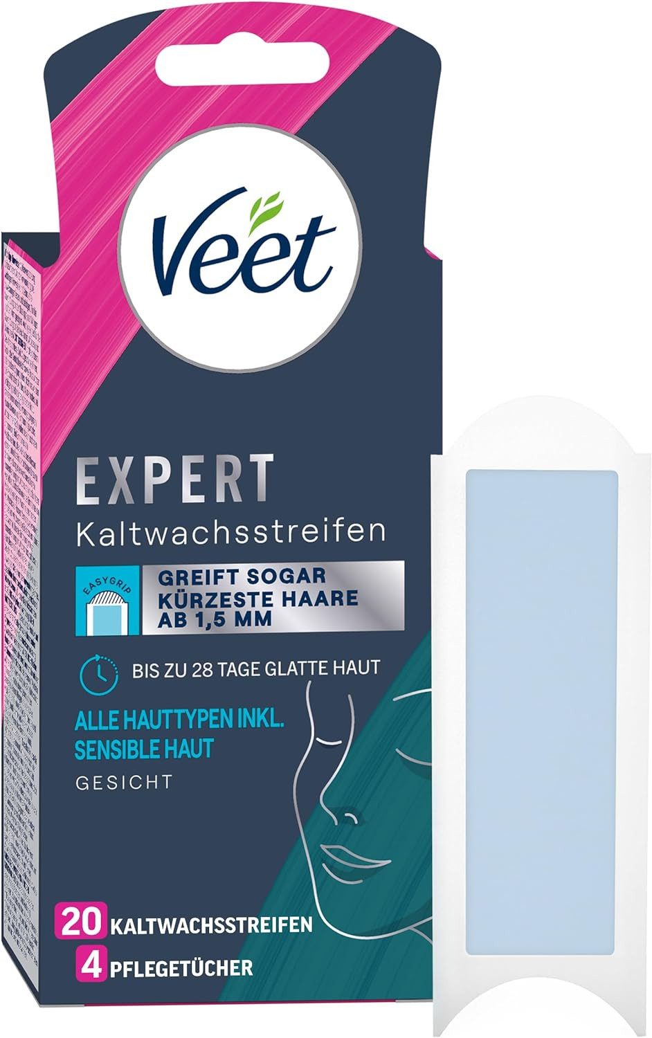 Veet Kaltwachsstreifen EXPERT, 20 St., für Gesicht, - zur Haarentfernung für alle Hauttypen inkl. sensibler Haut