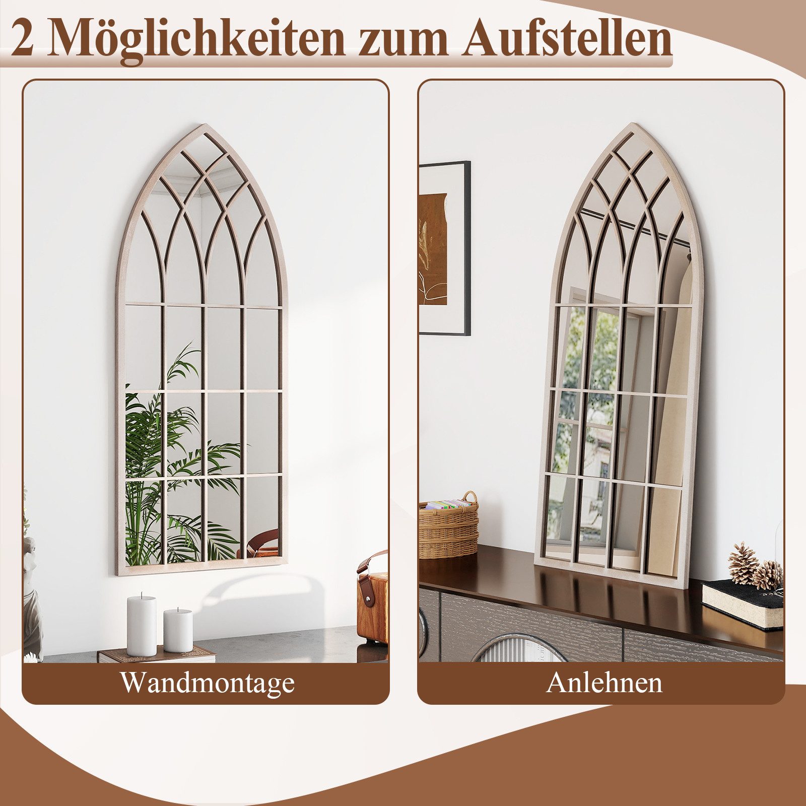 COSTWAY Dekospiegel, Farmhouse Fensterrahmen Spiegel, gewölbter Wandspiegel