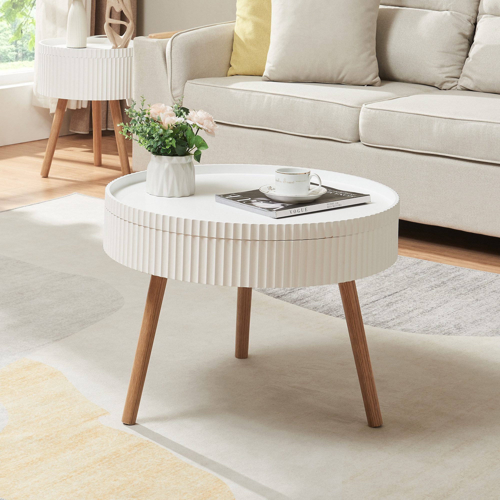 en.casa Couchtisch, »Bongard« Ø60 x 45 cm in gerillter Optik rund Weiß günstig online kaufen