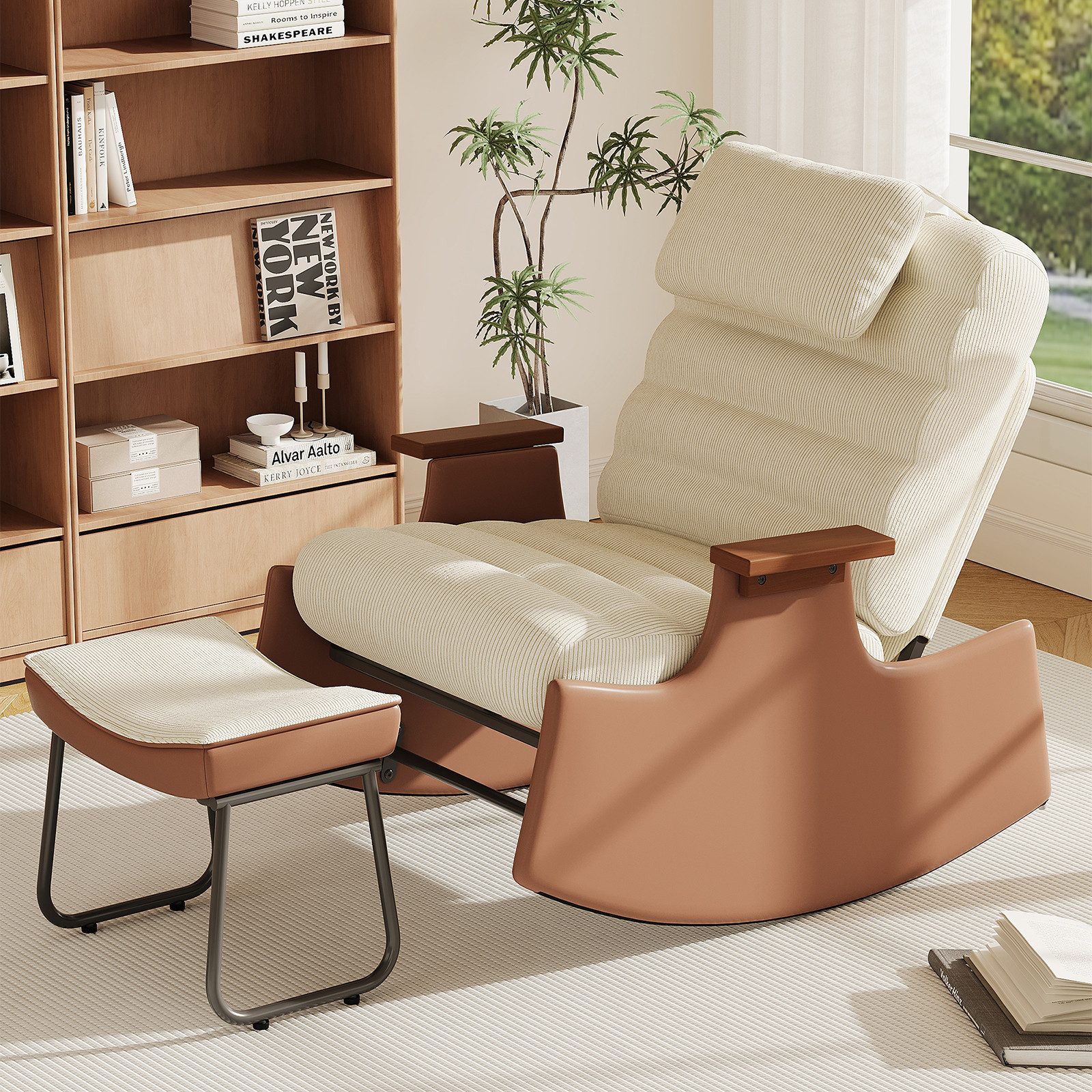 SEEZSSA Ohrensessel Schaukelstuhl Relaxsessel (Set, 1-St., 3-stufia verstellbare Rückenlehne), Wohnzimmersessel mit Armlehnen und Hocker Cord,Beige