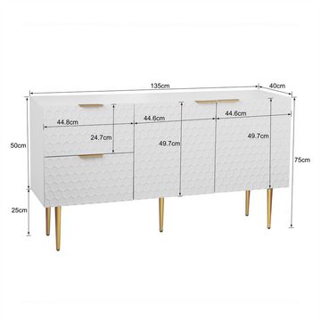 Merax Sideboard, Kommode mit Metallfüße, Anrichte, mit 2 Schubladen und Türen, B:135cm