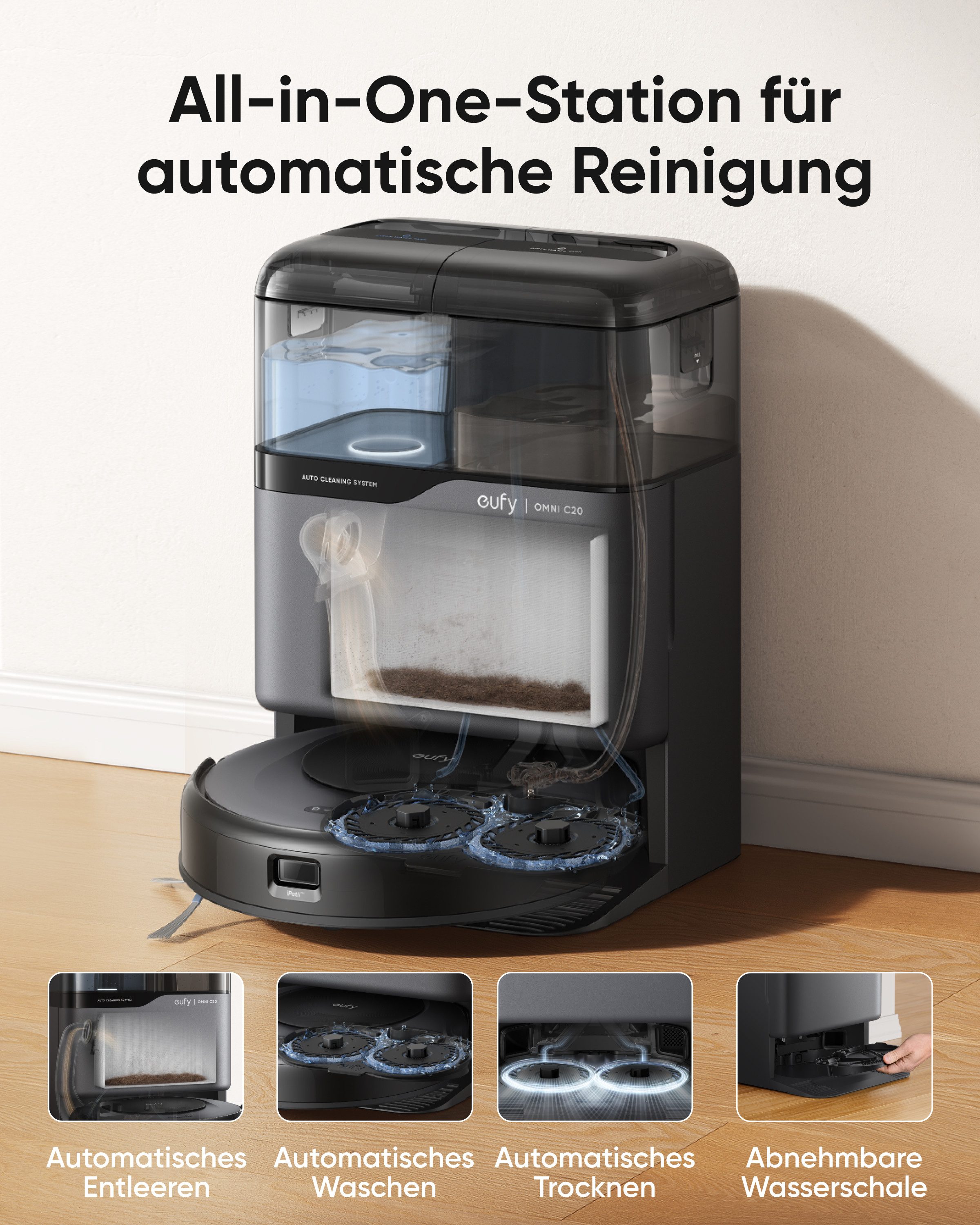 eufy Saugroboter C20 mit wischfunktion mit All-in-One-Station,7000Pa, mit Beutel, Auto-Entleerung, Auto-Wasch- und Trocknungsfunktion