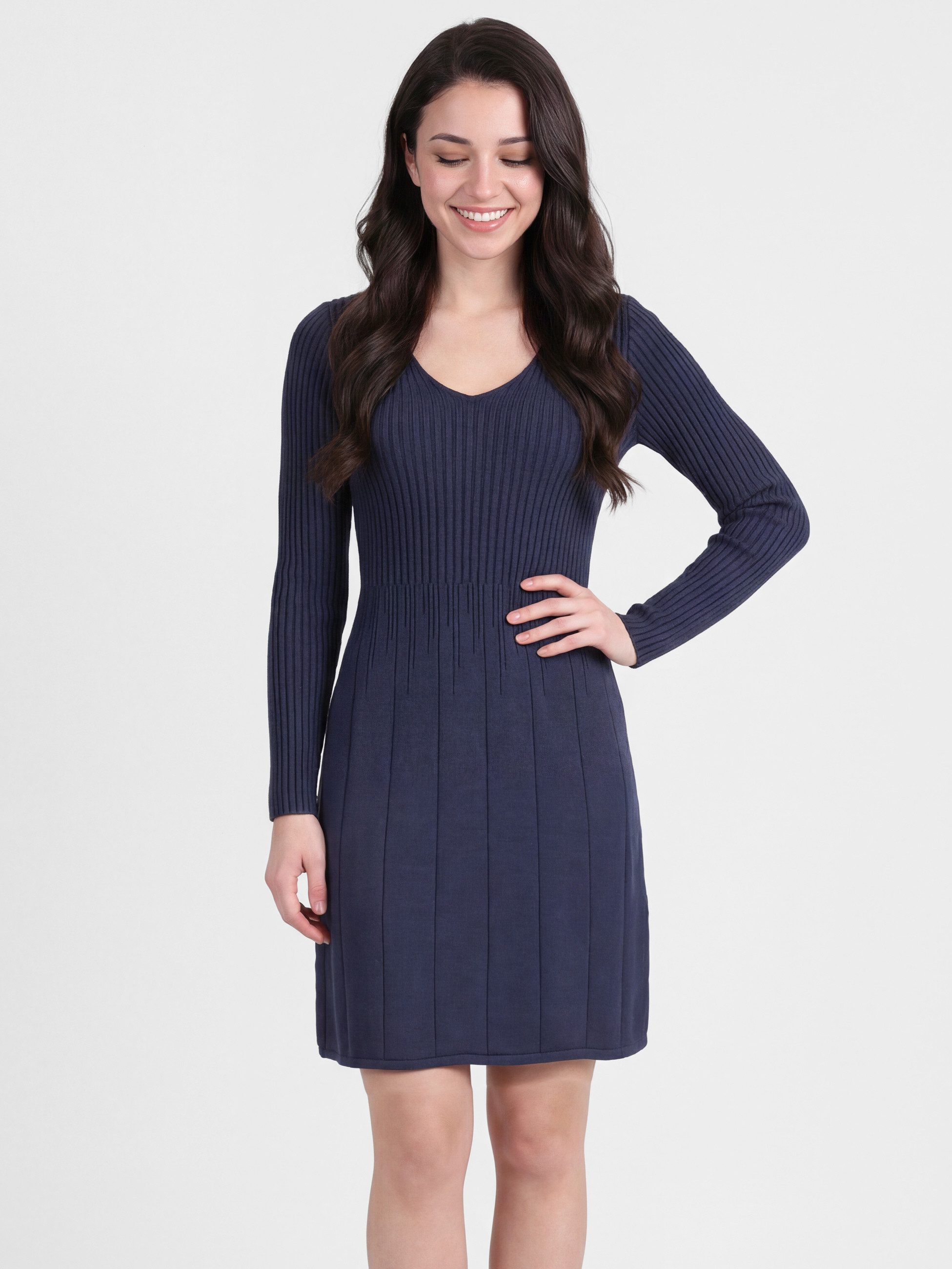 PEKIVESSA Strickkleid Kurzes Ripp-Strickkleid tailliert mit feminin tiefem günstig online kaufen