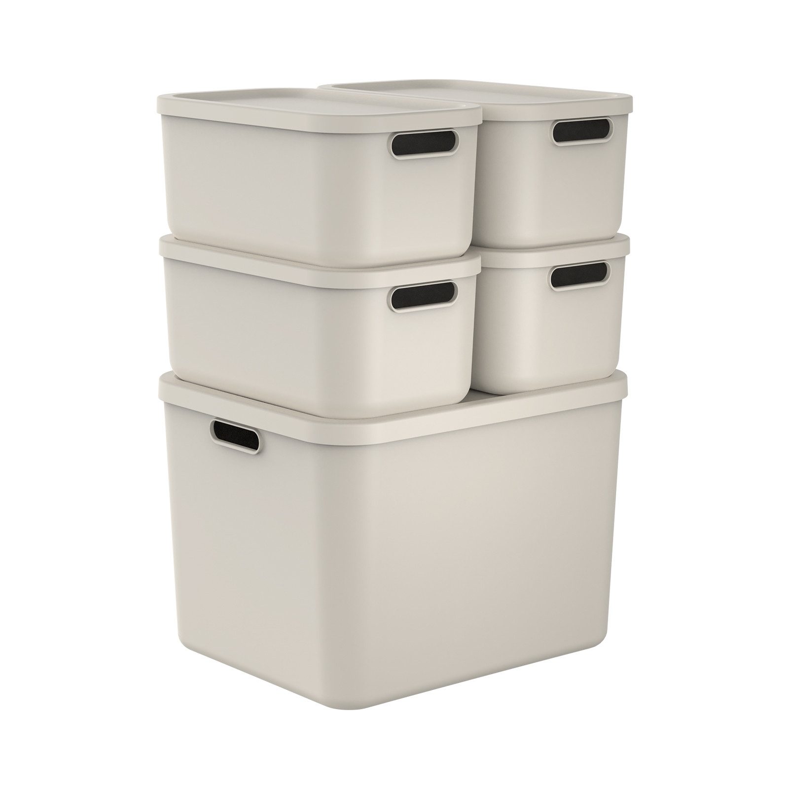 ROTHO Stapelbox Albula Light Set 5tlg. 4x 12l und 55l Aufbewahrungsboxen mit Deckel (5-teilig, Boxen-Set), Kisten stapelbar und mit Grifföffnungen