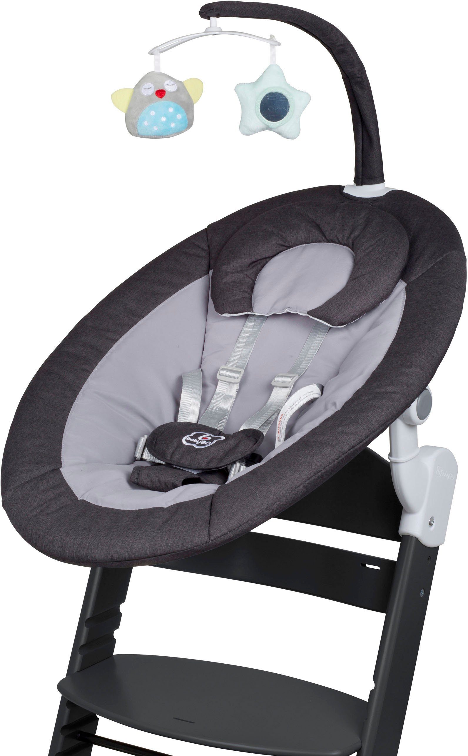 BabyGo Hochstuhl Family Homey Set, schwarz/dunkelgrau, mit elektrischer Babywippe inkl. Spielbogen
