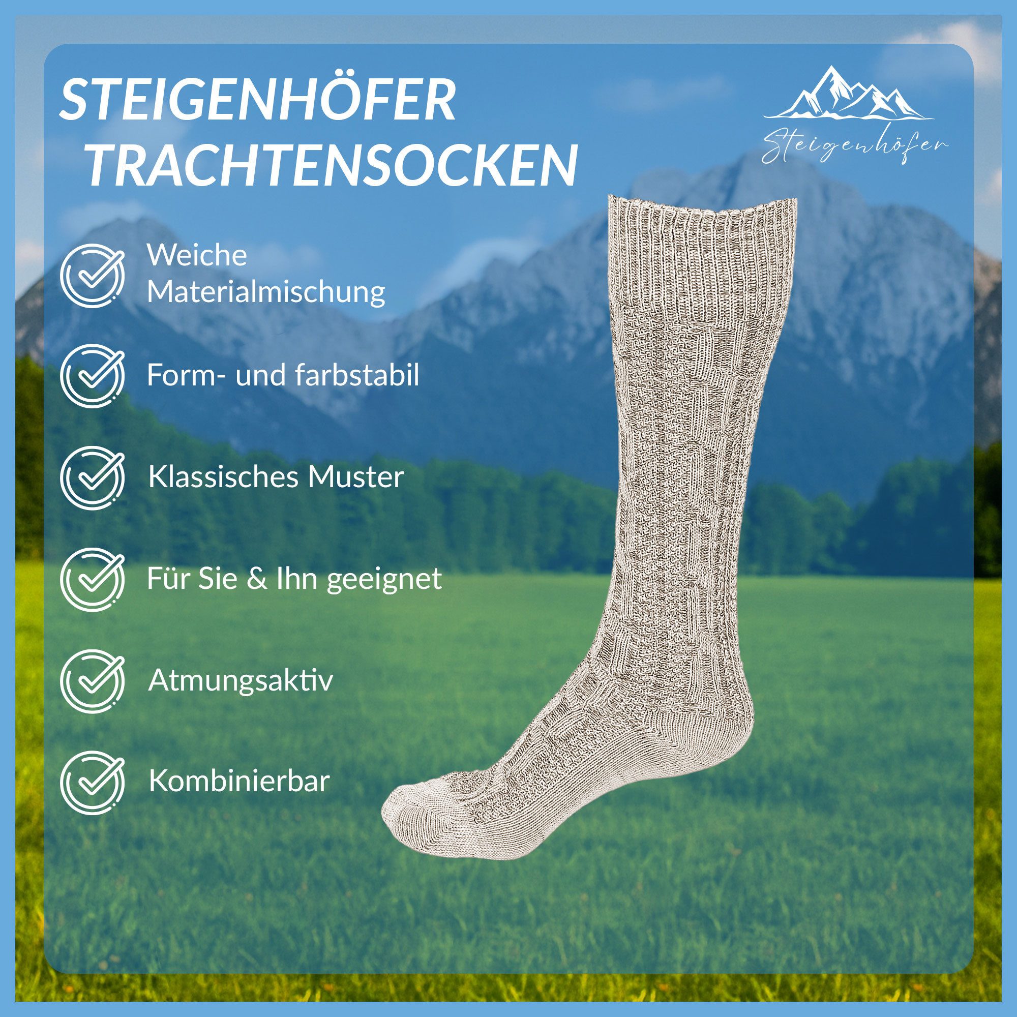 Steigenhöfer Manufaktur Trachtensocken für Herren und Damen – Socken mit Zopfmuster und Edelweißanstecker Oktoberfest Strümpfe aus Baumwolle für Männer & Frauen