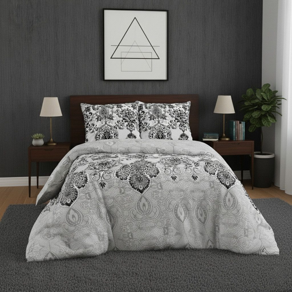 Buymax Bettwäsche Wendebettwäsche, Bettbezug-Set, Renforcé 100% Baumwolle, 2 teilig, 135x200 cm, elegant, mit Reißverschluss, Barock, Weiß, Grau