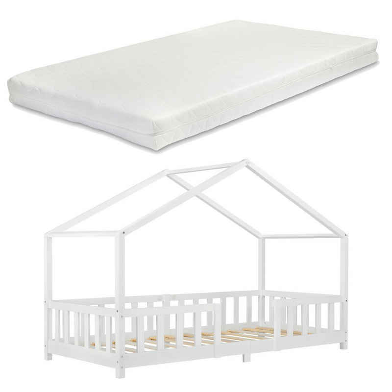 en.casa Kinderbett (Bett und Matratzen), »Treviolo« Hausbett mit Matratze Weiß 90x200 cm