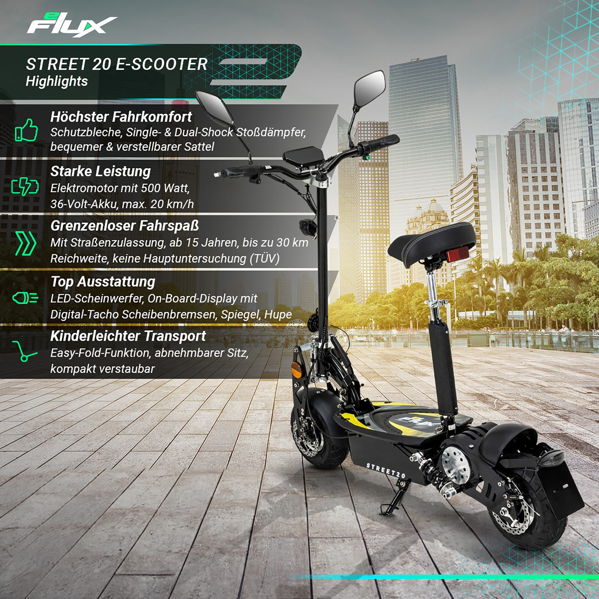 eFlux E-Scooter Street 20 Pro Elektro Roller mit Straßenzulassung klappbar, 500 W, (E Scooter, Elektroroller, Escooter, E Roller, E Scooter, Elektro Roller), E Scooter mit Bremse, EScooter mit Straßenzulassung, E Scooter