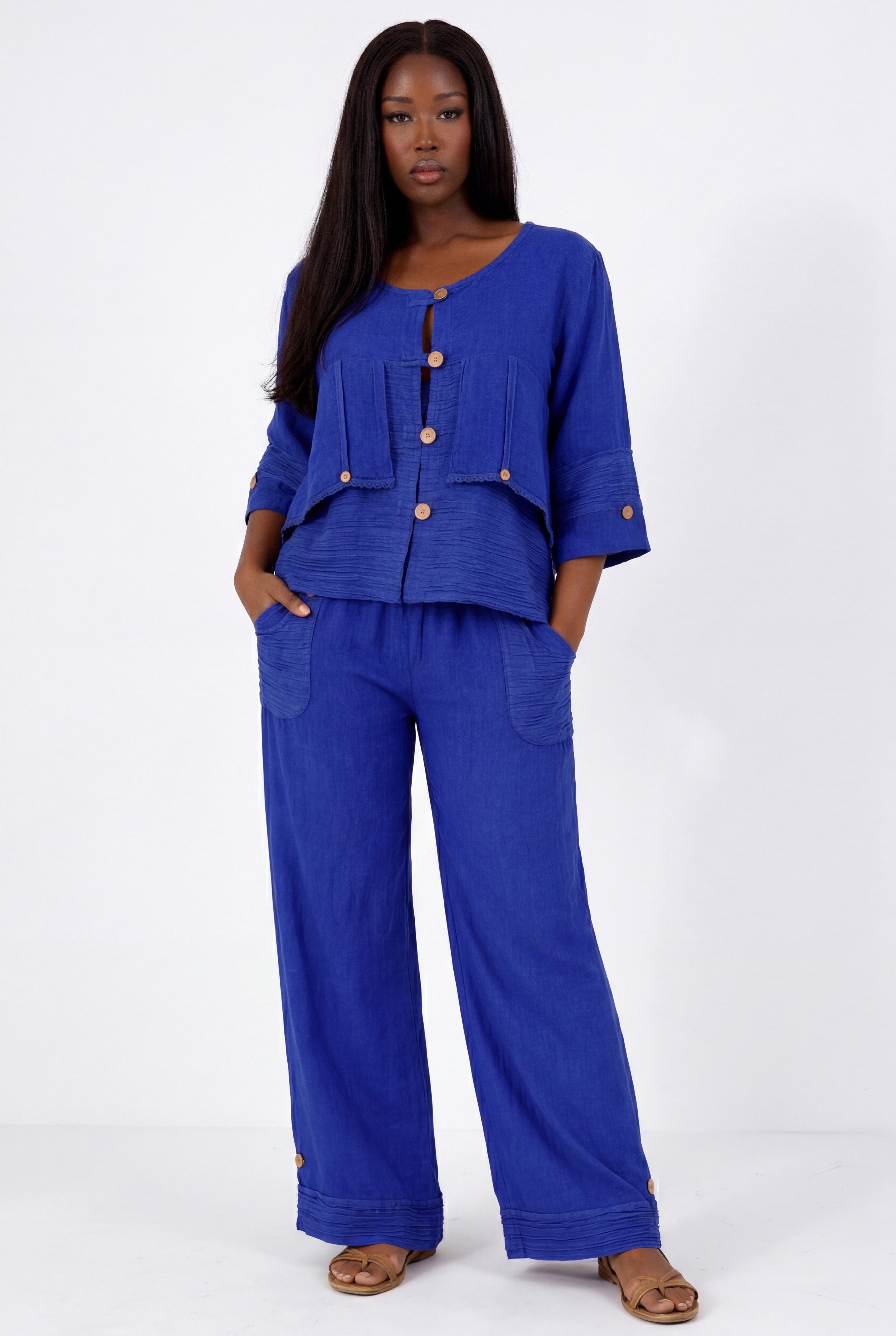 YC Fashion & Style Hosenanzug Boho Leinen-Zweiteiler aus 100 % Leinen mit Knopfdetails 2 teiliges Set
