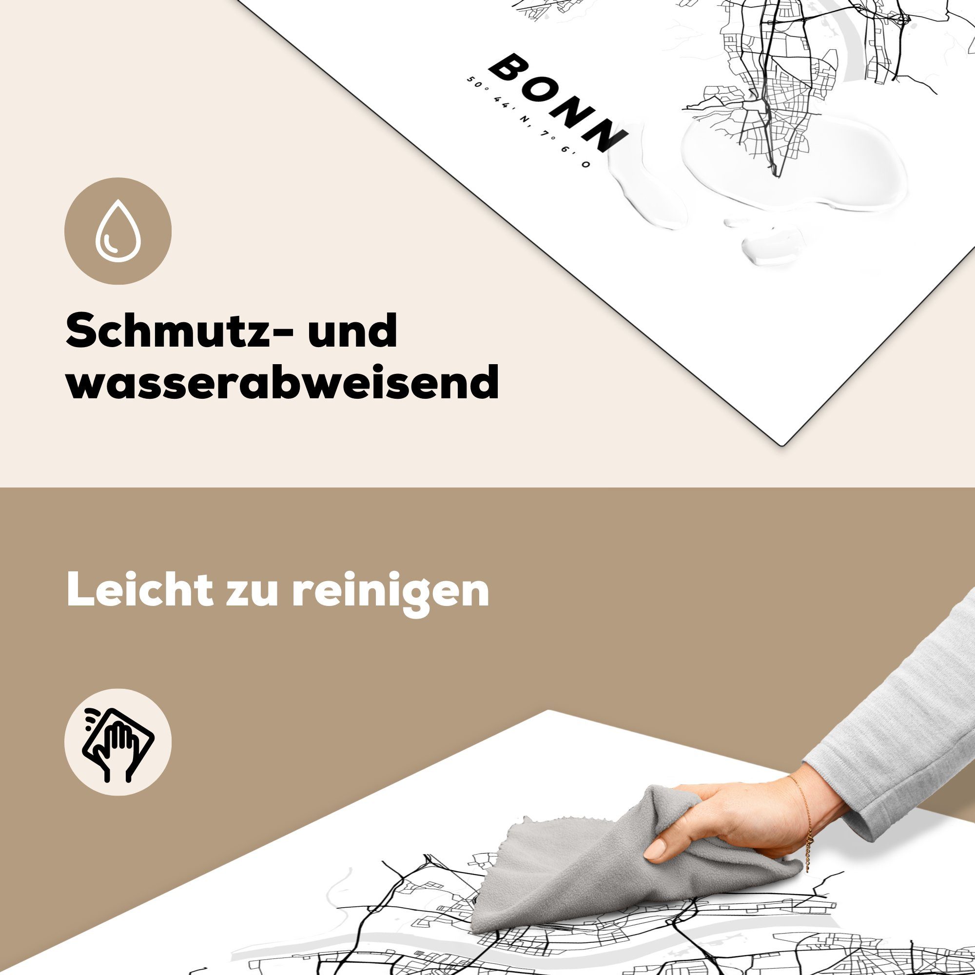 Vinyl, - Deutschland cm, küche MuchoWow Ceranfeldabdeckung, Schwarz und Bonn für tlg), - Karte, - - weiß Arbeitsplatte Herdblende-/Abdeckplatte (1 78x78 Stadtplan