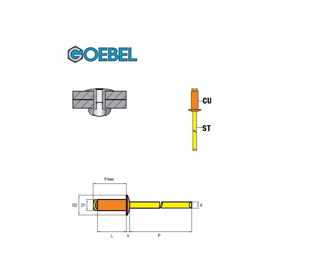 GOEBEL GmbH Blindniete 7050140160, - x 500 (500x STANDARD Kupfer Flachkopf 16,0 Popniete), - Flachkopf St., Stahl / - mm Legierung Niete ISO16582, 4,0