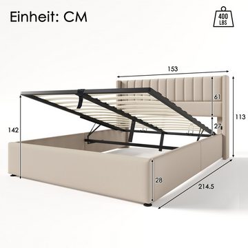 BlingBin Polsterbett Doppelbett Stauraumbett mit Bettkasten 140x200cm Beige (mit Lattenrost aus Holz), 214.5x153x113 cm(TxBxH)