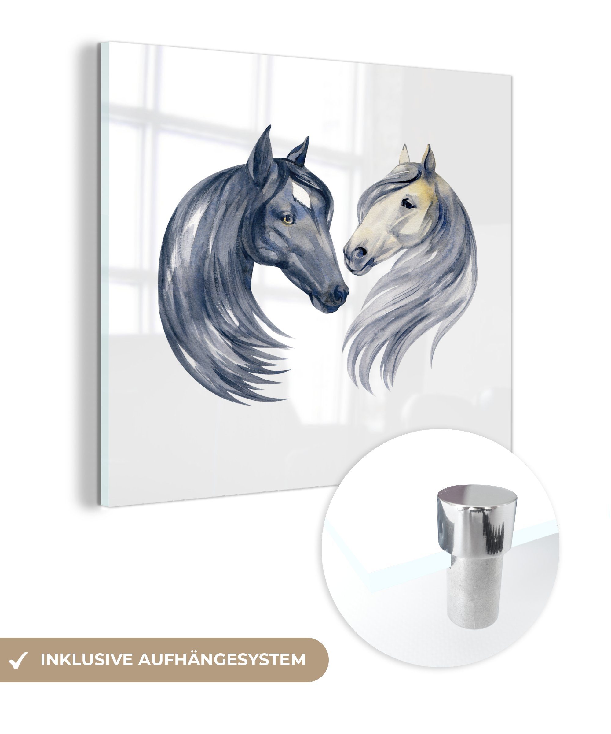 Glasbilder auf Aquarell - Bilder - - Wandbild Acrylglasbild Mädchen Glas - - - - Pferde Wanddekoration Mädchen, St), MuchoWow Kinder Weiß (1 Foto auf Glas -