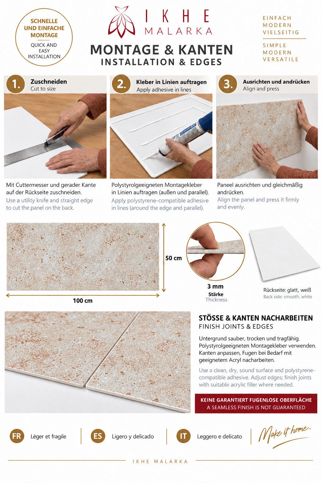 IKHEMalarka 3D Wandpaneel Betonoptik Marmor Ziegel aus Polystyrol Styropor XPS, BxL: 50,00x100,00 cm, 0,50 qm, (1 Stück, 0,5m) Deckenpaneelen - 3mm dick - 100x5 – Bild 4 von 5
