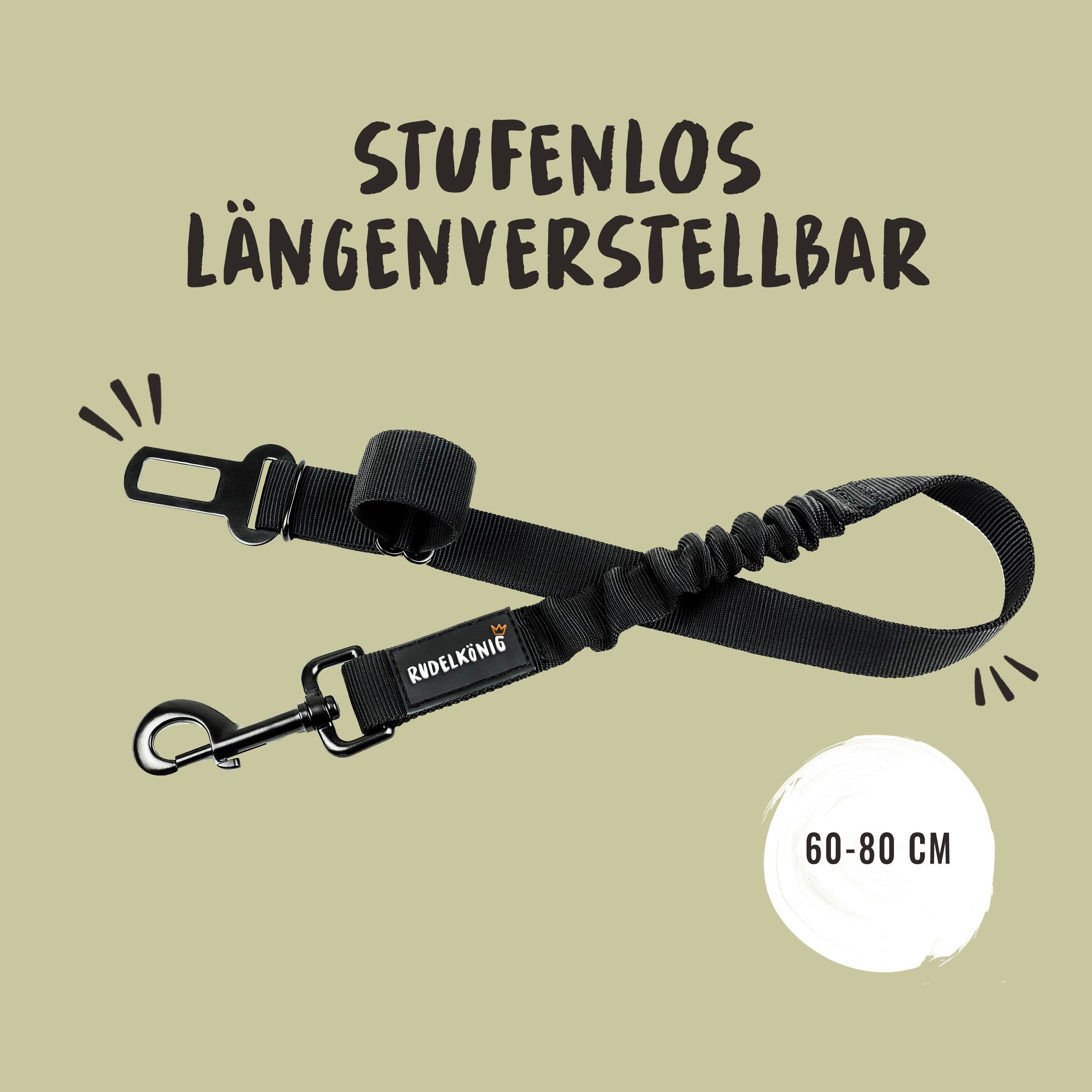 Rudelkönig Autohundegeschirr Hundegurt, Sicherheitsgurt Hund Auto 60-80cm Anschnallgurt elastisch, Nylon, Verstellbarer Gurt 60-80cm mit Rückdämpfung