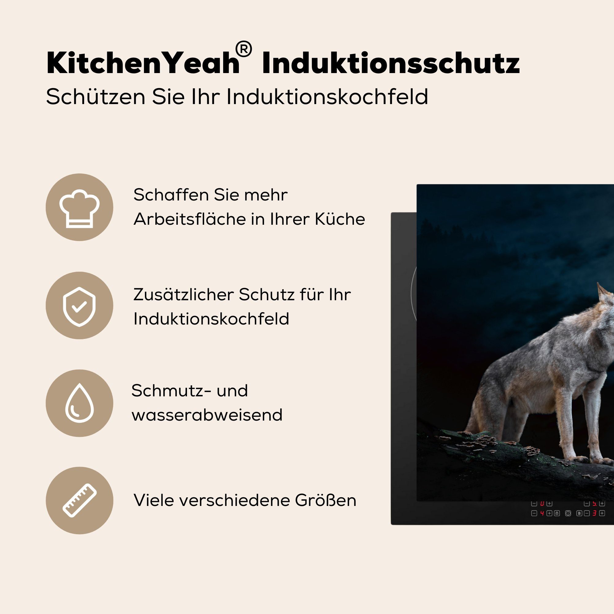 küche - - Vinyl, Mond MuchoWow - Nacht tlg), (1 Tiere Arbeitsplatte Wolf Herdblende-/Abdeckplatte Porträt, für - cm, 81x52 Ceranfeldabdeckung,