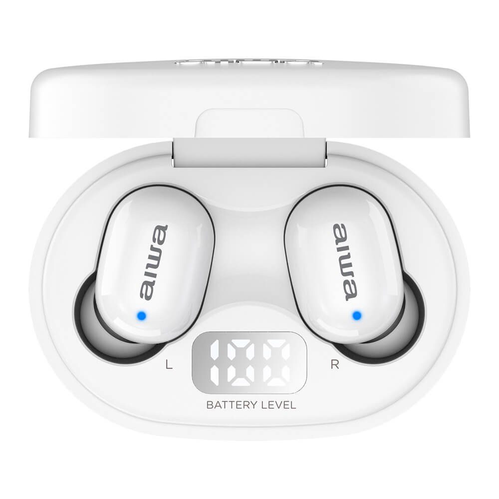Aiwa EBTW-150 Drahtlose (iOS, 5.0 pro / Kopfhörer Android, 10 m Gesprächszeit magnetische Bluetooth Weiß 3 300mAh, der Stunden Ladung, Kopfhörer: Reichweite Wiedergabe- Ladeetui: In-Ear-Kopfhörer Ladeports)