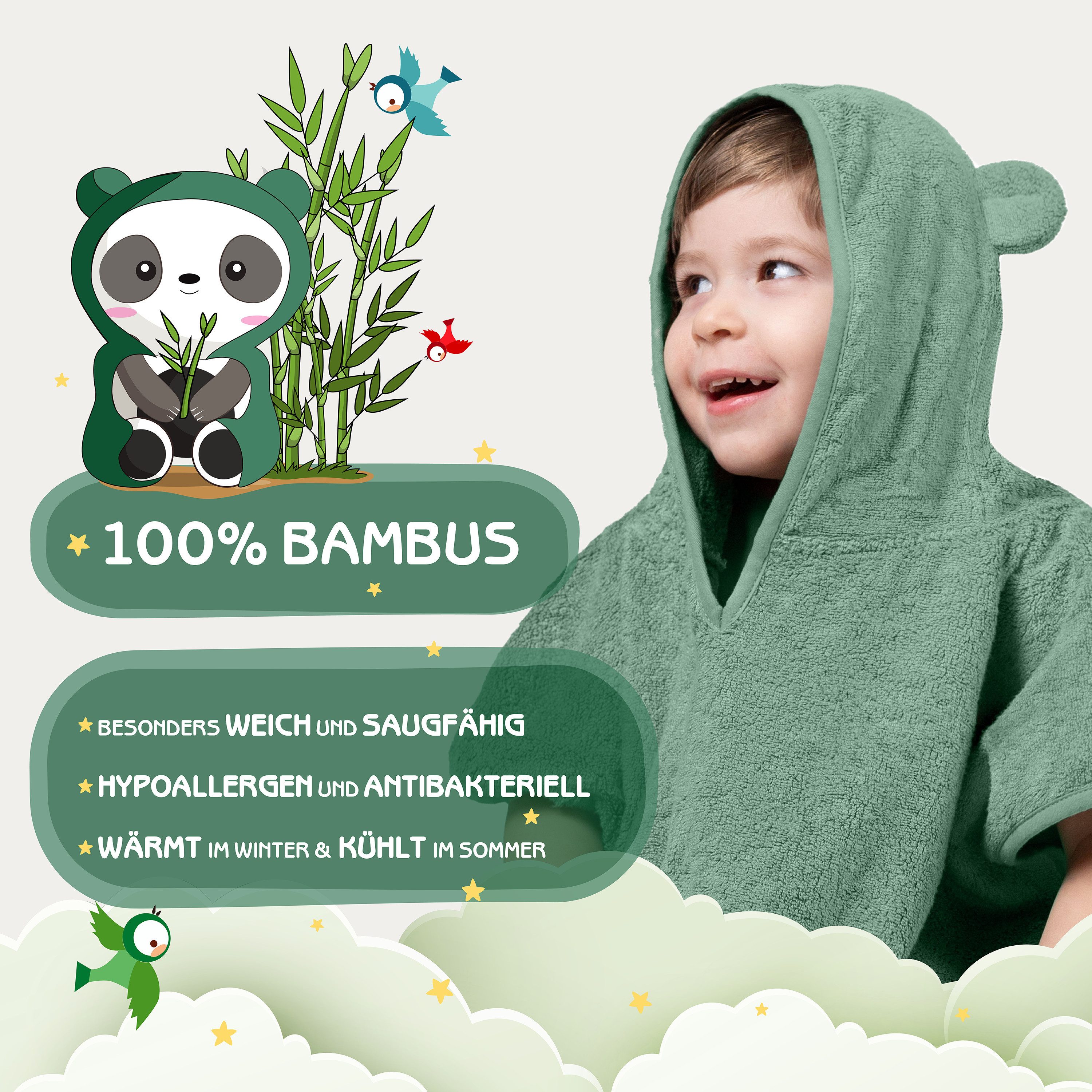 Fuchs & Panda Badeponcho Kuscheliger Badeponcho Baby und Kinder (0-4Jahre) aus 100% Bambus, 100% Bambus: Antimikrobiell, Atmungsaktiv, Hypoallergen, Superweich