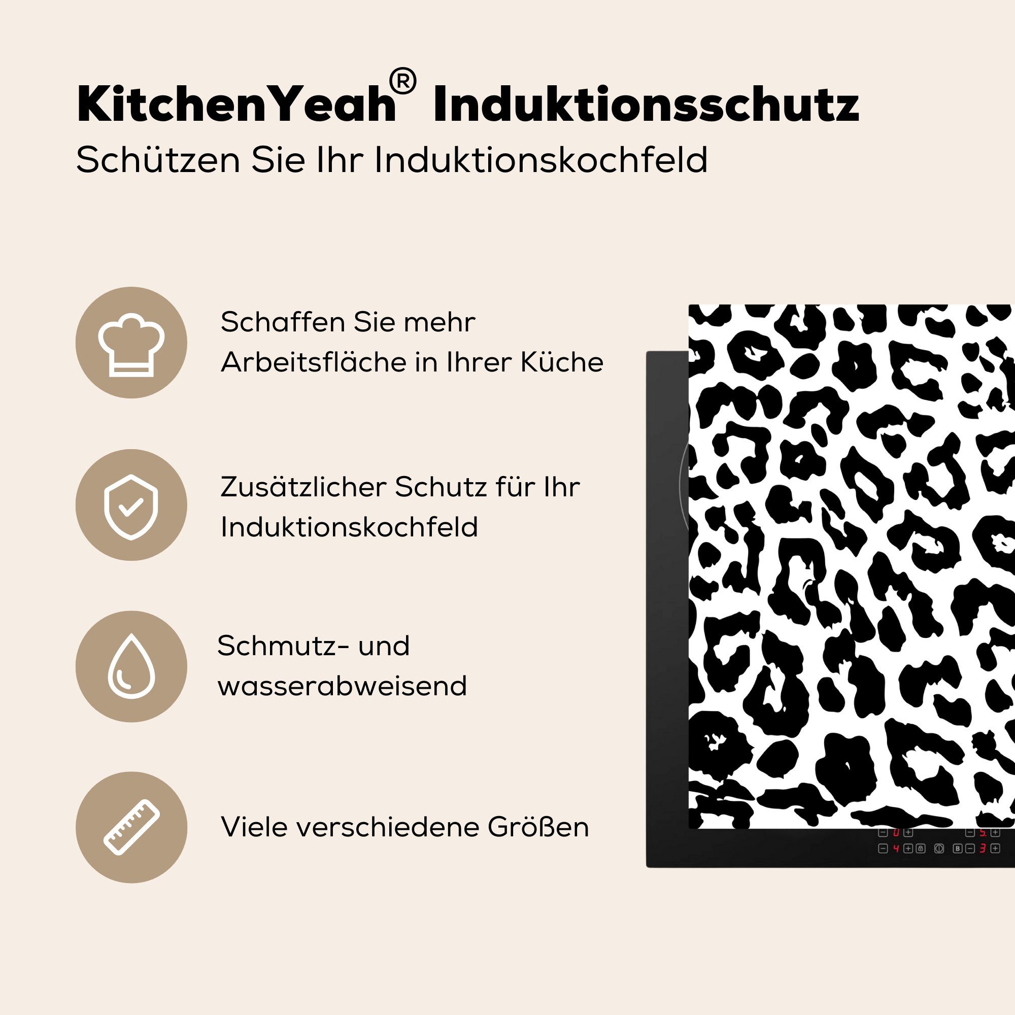 Herdblende-/Abdeckplatte (1 Schwarz 58x51 Weiß, Design tlg), für Induktionskochfeld Vinyl, MuchoWow Dekoration - Induktionsherd, - - cm, Küchen Tiermuster