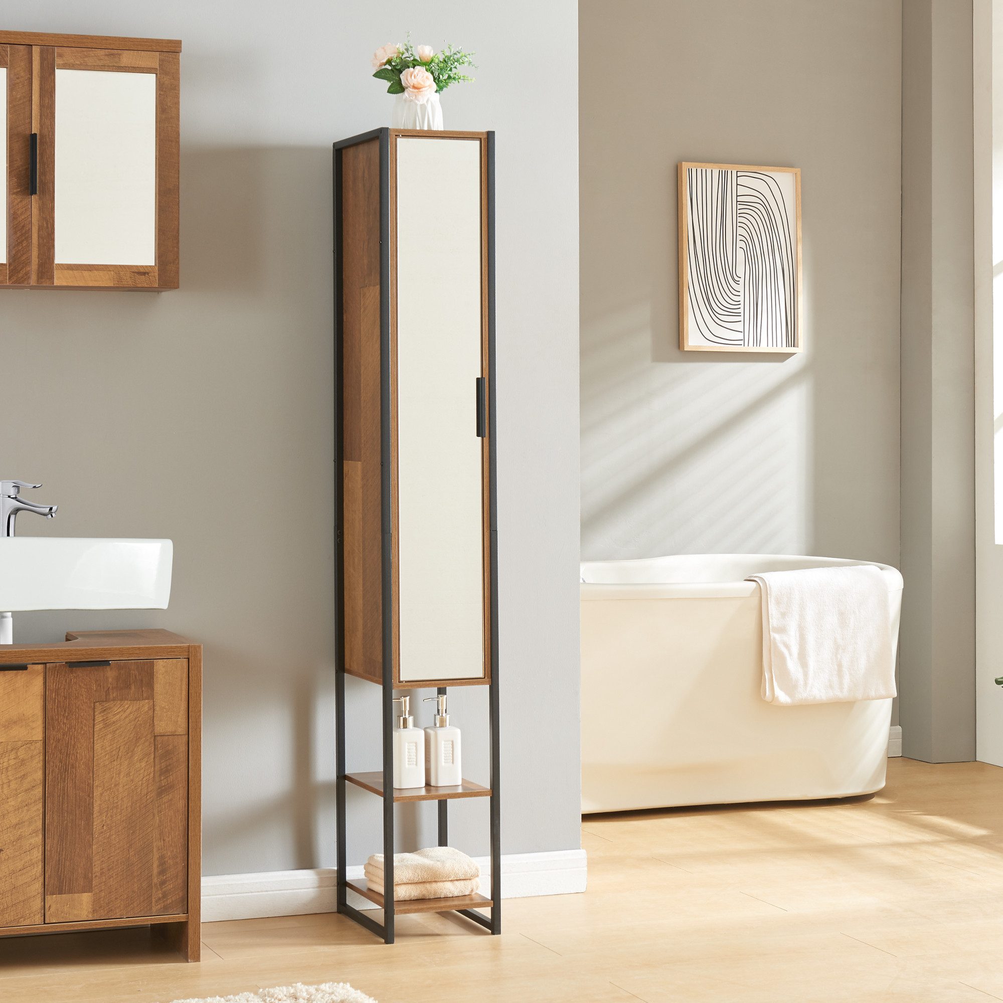 en.casa Hochschrank »Namsskogan« Badezimmerschrank 160x24x30cm Walnussoptik günstig online kaufen
