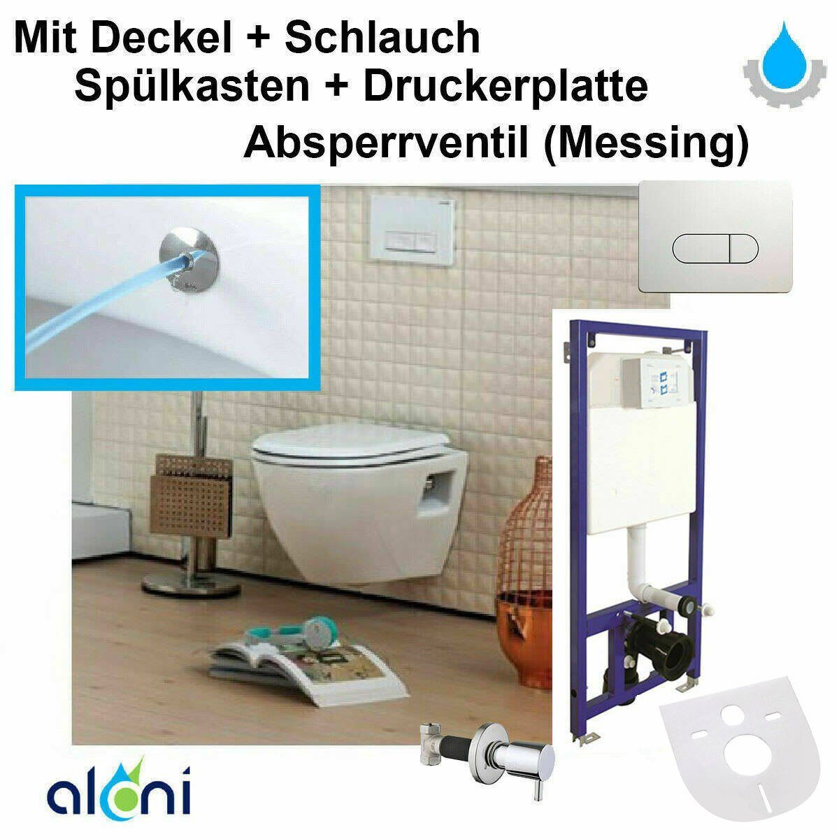 Aloni Tiefspül-WC B-AL5508Komplett, wandhängend, Abgang waagerecht,  Hygienedusche/Taharet