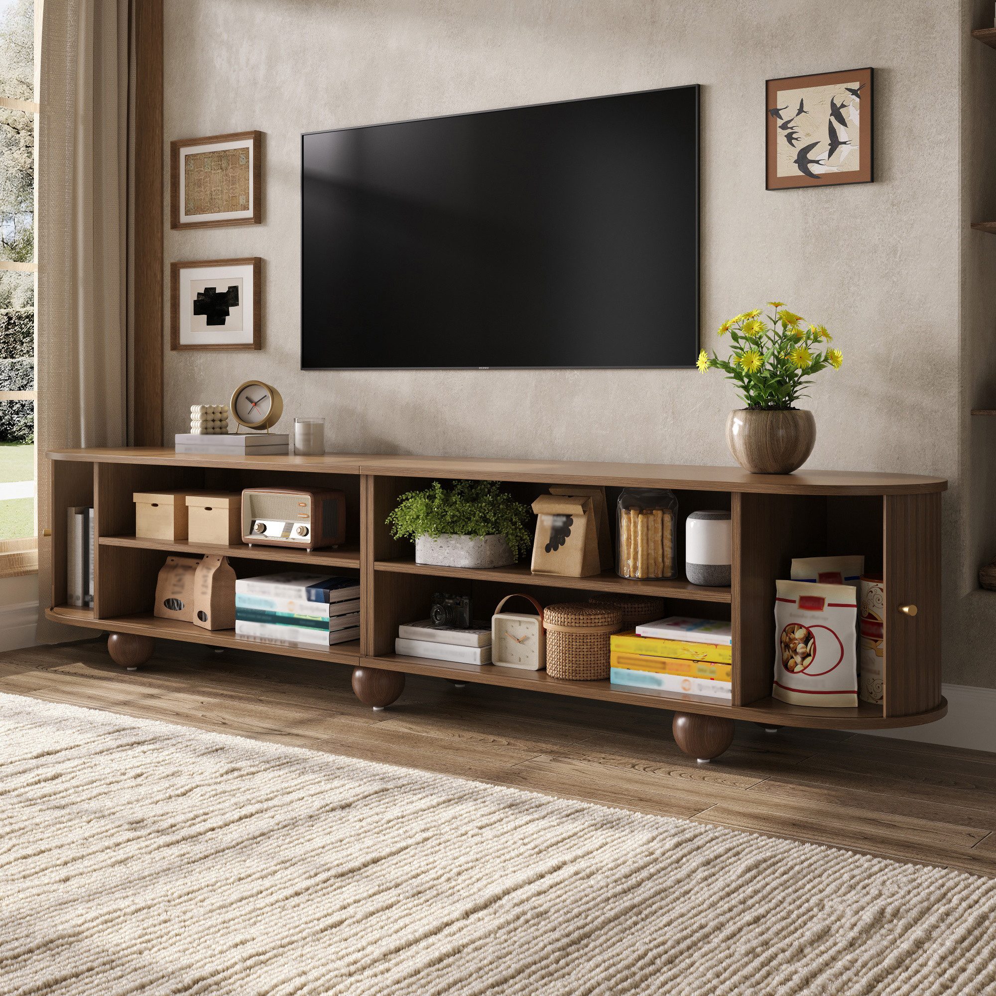 Merax Lowboard im Retro-Design, TV Möbel mit vertikal geriffelten Türen (1 St), TV Schrank mit Schiebetüren, Kugelfüßen & Stauraum, 180×35×45cm