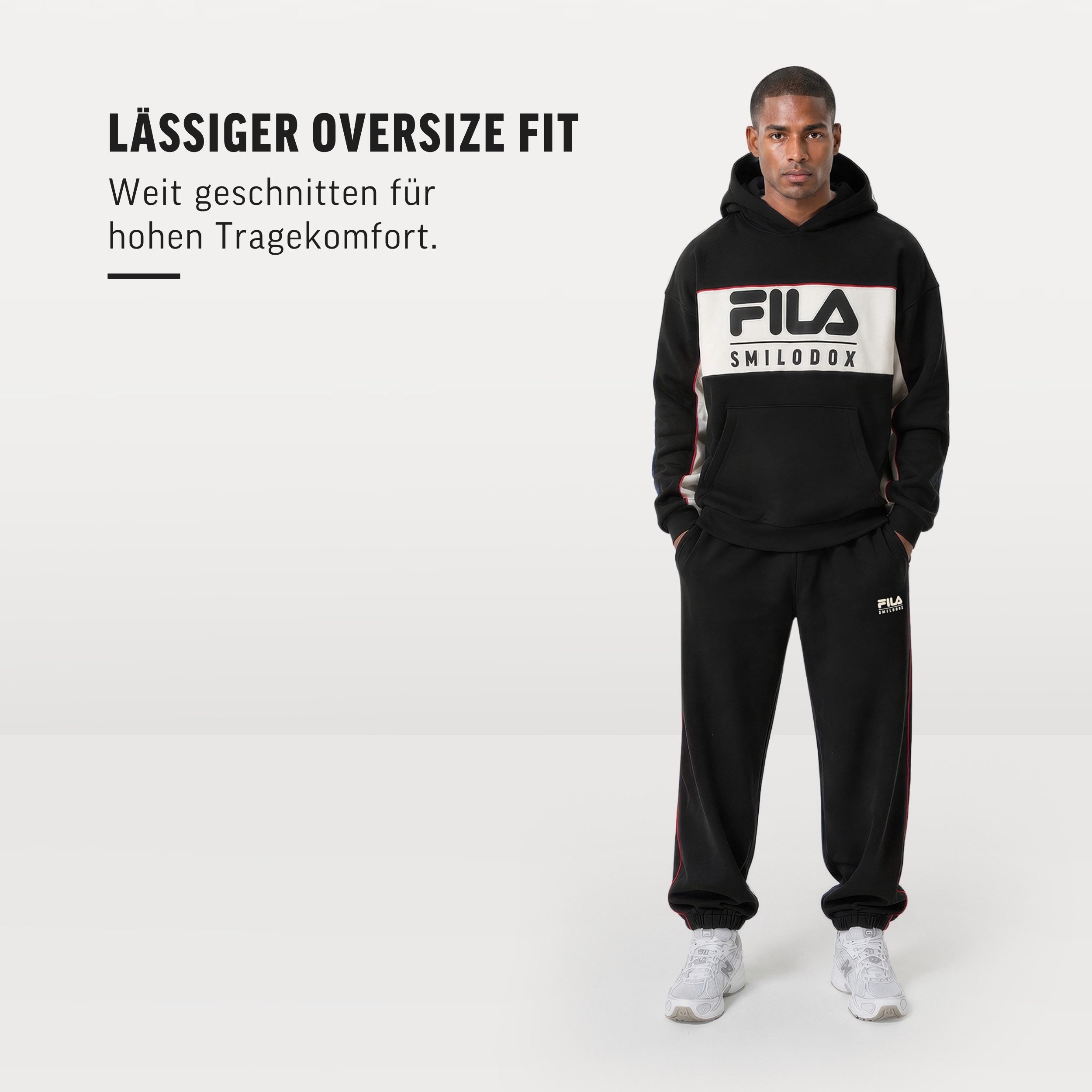 Smilodox Hoodie Tremiti Herren, FILA Pullover Oversize, Logo, Streetwear FILA Kollaboration, Baumwolle, Side Stripes, Kapuze