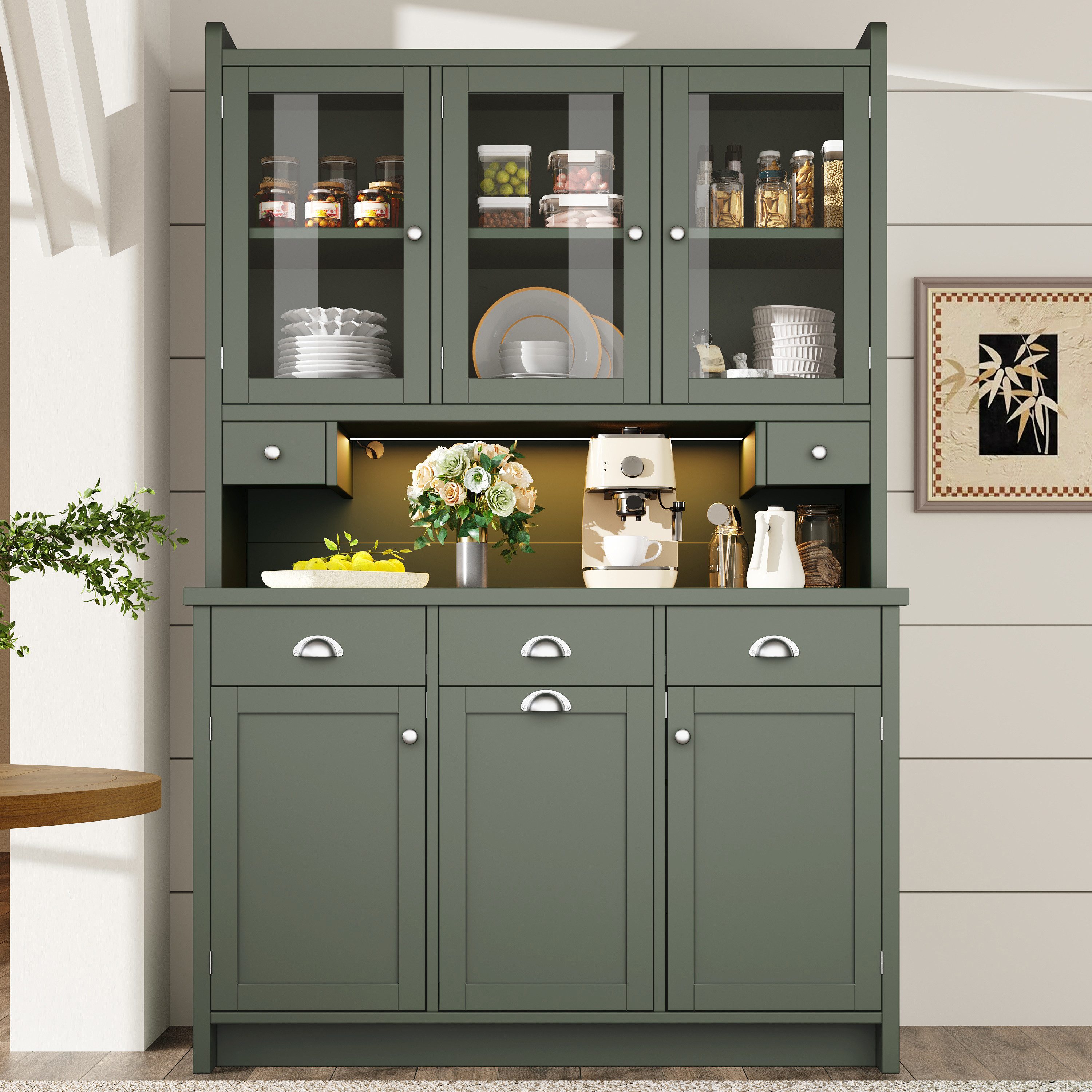Flieks Küchenbuffet mit LED-Beleuchtung, Glastüren und verstellbarer Einlegeböden (1-St., B120/T40/H180 cm) Hochschrank Küchenschrank mit Arbeitsplatte in Retrostil Grün