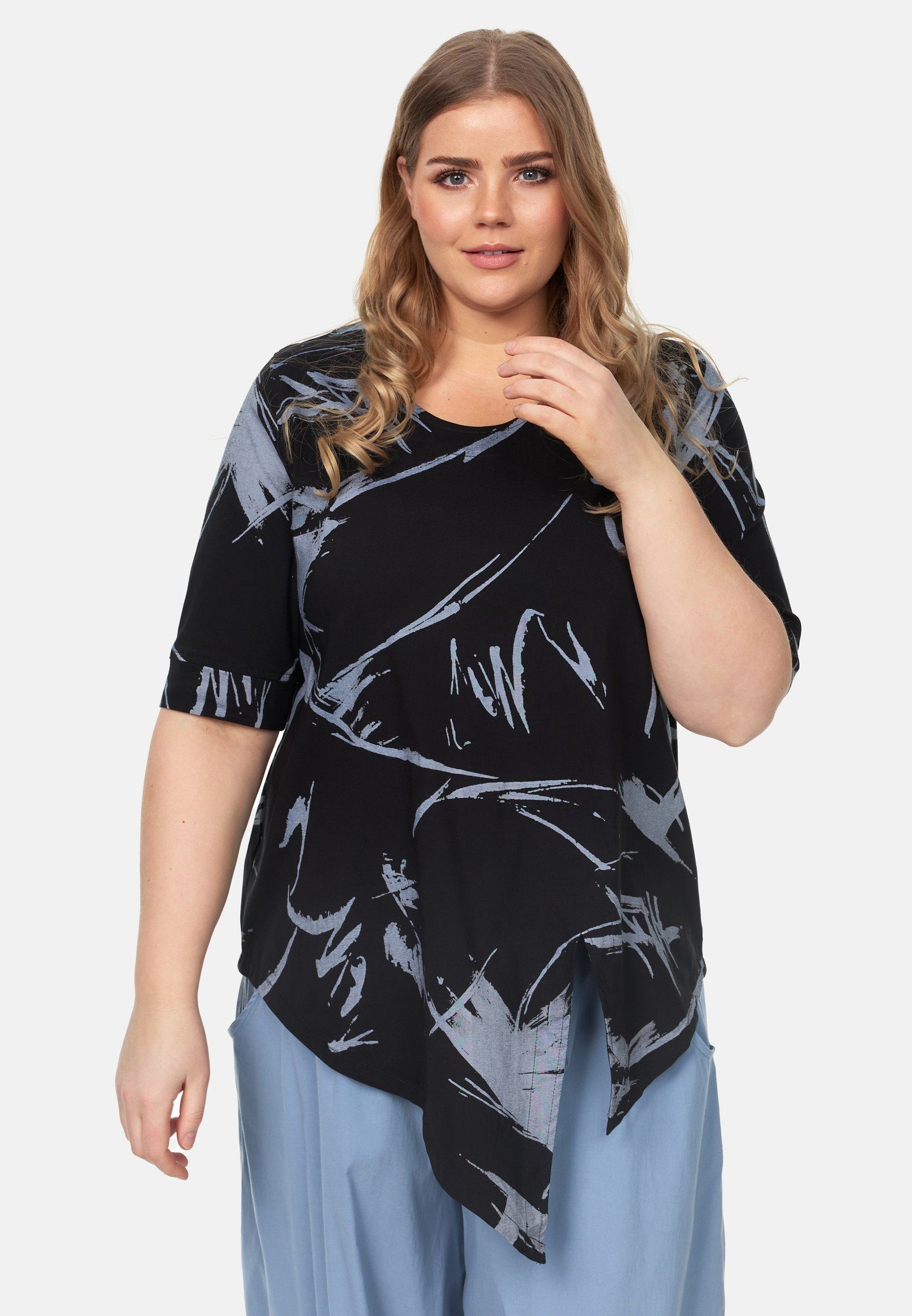 Kekoo Tunikashirt Tunika Shirt in A-Line mit asymmetrischem Saum 'Flora' Schwarz Muster