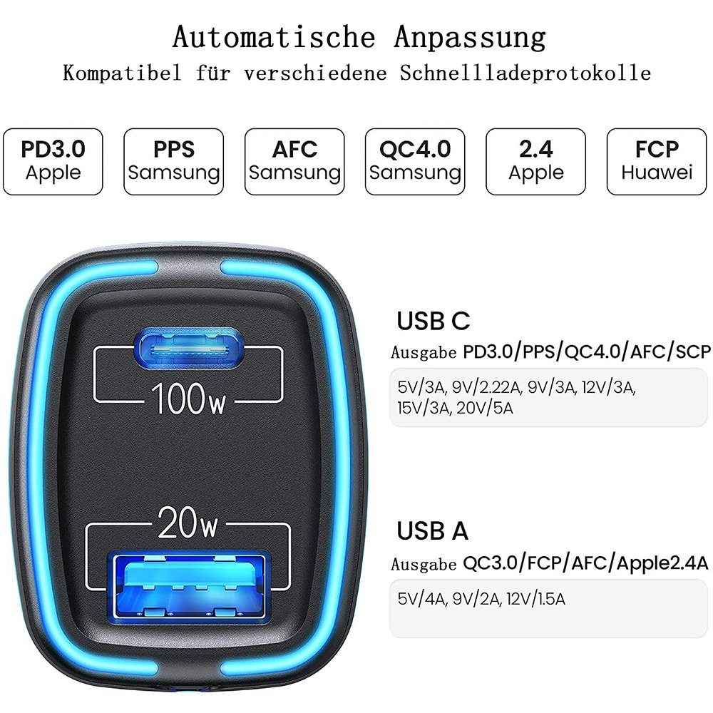 GelldG Zigarettenanzünder USB C, 120W Netzkabel USB Adapter