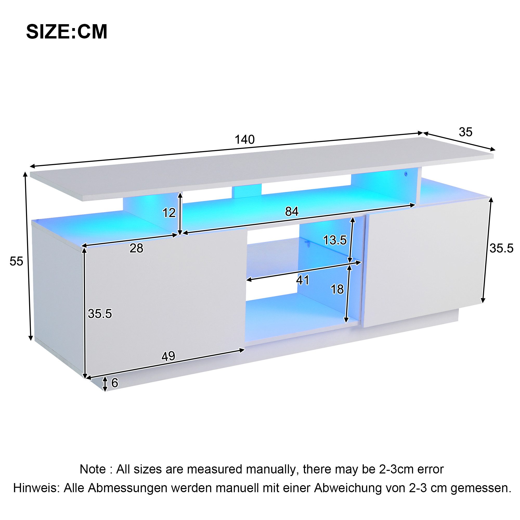 KLAM HOME Lowboard Weißes Lowboard Mit 16-Farbiger LED Beleuchtung (140cm TV Schrank Für Bis Zu 60 Zoll Fernseher), Moderner Aufbewahrungsschrank Mit App-Steuerung
