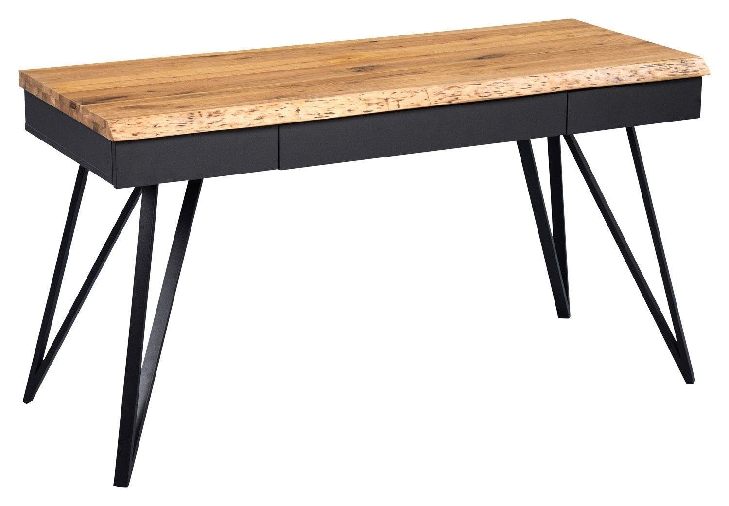 Schreibtisch DUBAI, B 140 cm x T 56 cm, Schwarz, Braun, Wildeiche, Metallgestell, 3 Schubladen