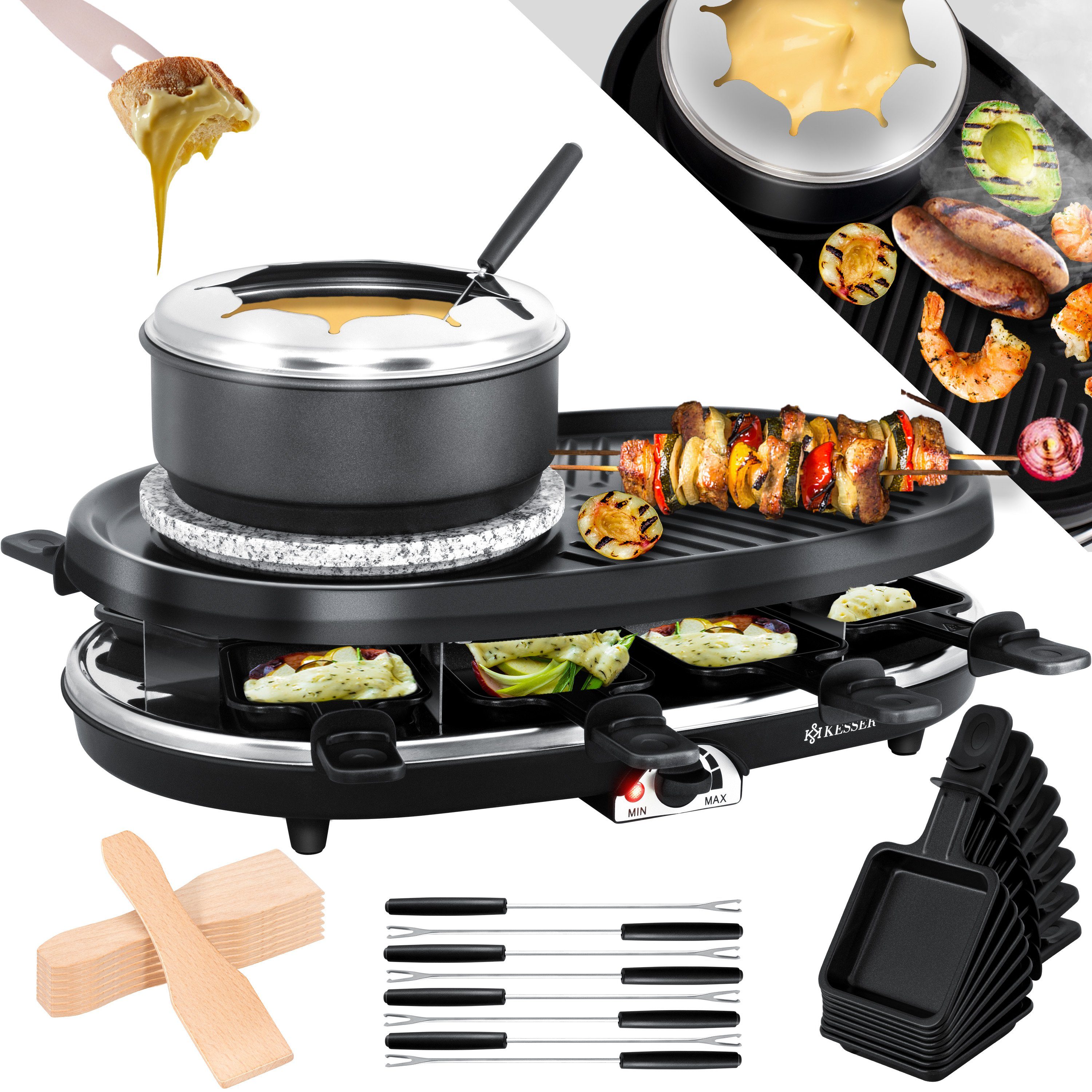 Grillplatte Naturgrillstein, mit u. 1500 KESSER W, Raclette, 3in1 8 Raclettepfännchen, Fondue Raclette-Grill